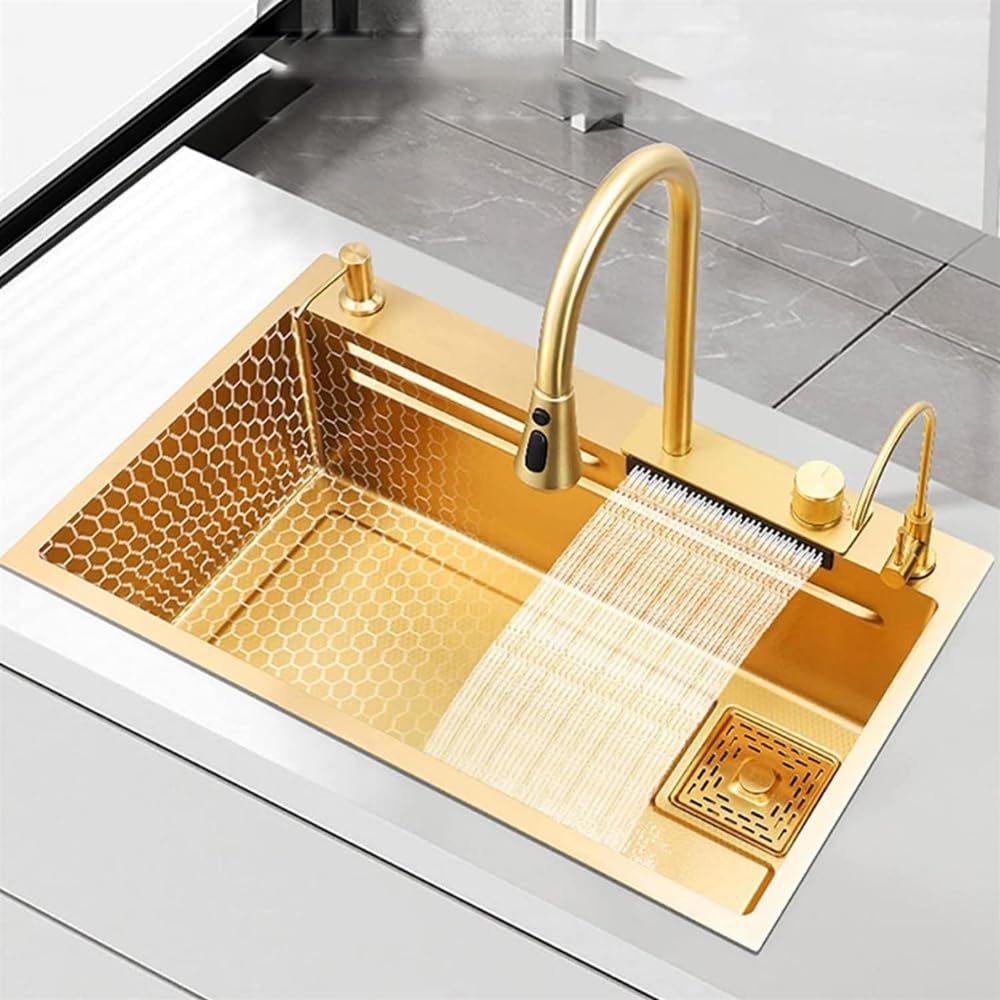 ZAP Elixir Waterfall Series Golden Kitchen Sink 30x18 Inch | Premium Stainless Steel | Durable & Stylish