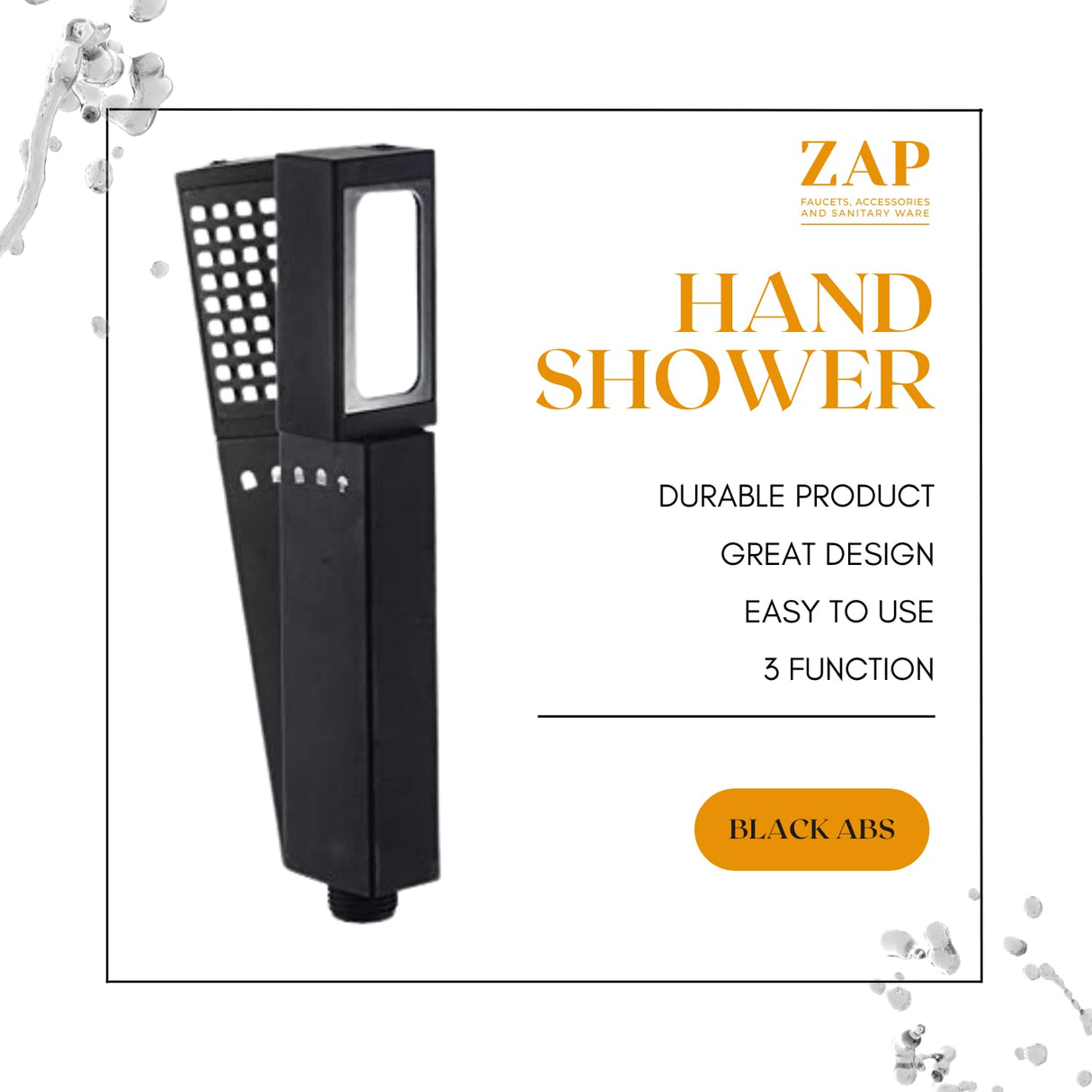 ZAP Black | ABS Hand Shower | Stainless Steel Tube & Holder | 3 Spray Modes | Durable Build | Easy to Use | Great Grip | Corrosion Resistant | Bathroom Shower