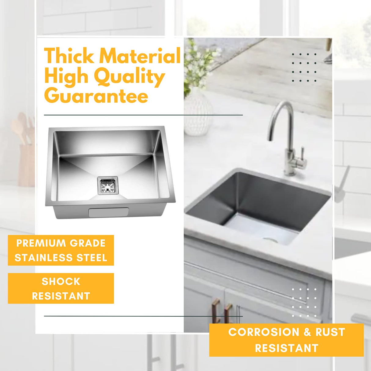 Zap Kitchen Sink Single Bowl 21x18 cm Silver Matt Finish | 304 Stainless Steel | Includes Sink Drainer Basket, Steel Waste Coupling & Waste Pipe | Smooth Drainage & Noise Reduction Pads