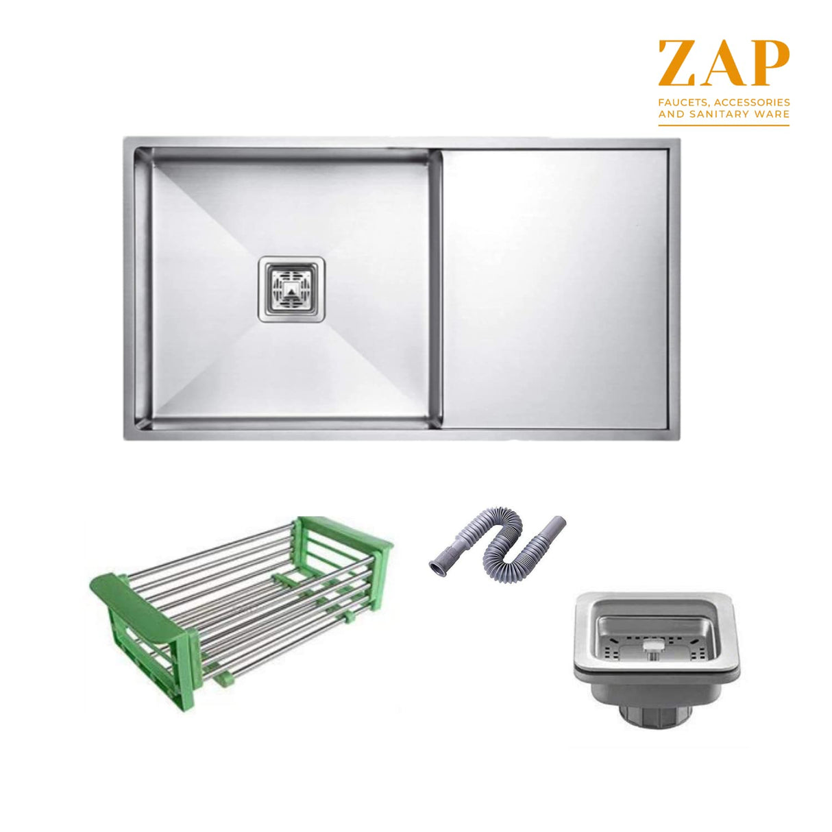 ZAP Millennium Series 304 Grade Stainless Steel Single Bowl Kitchen Sink with Drain Board | 37x18 Inch | All-in-One Waste Kit – Waste Coupling, Pipe & Basket Drainer | Rust-Resistant & Durable