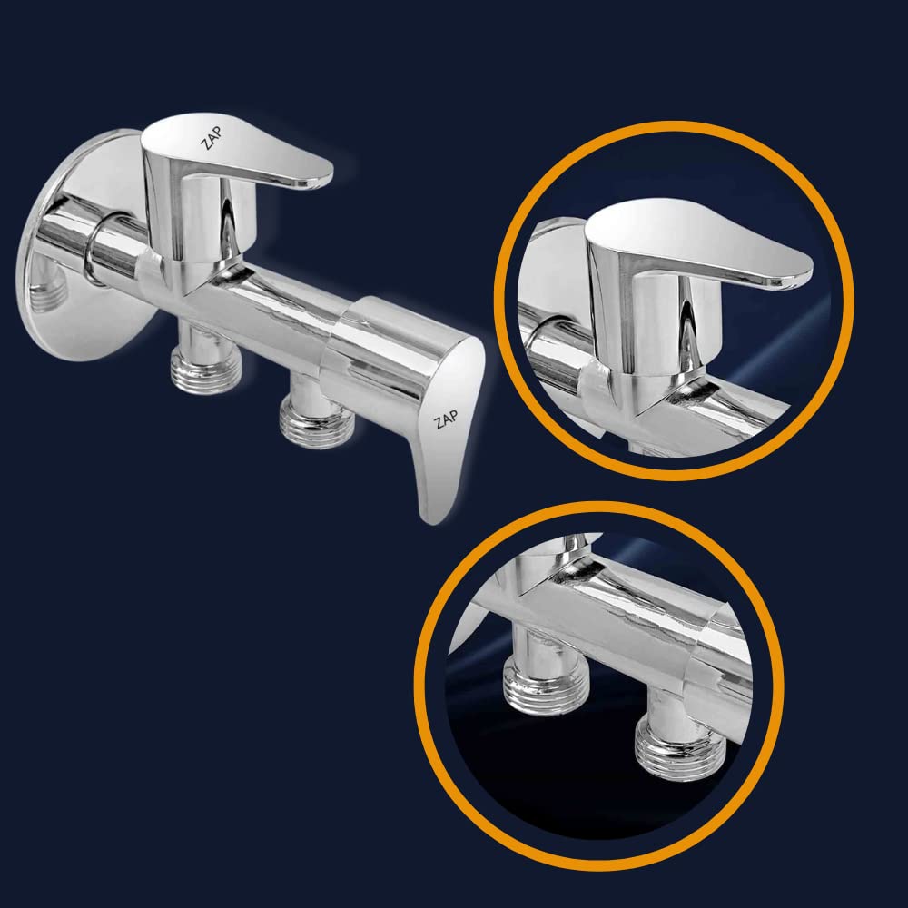 ZAP 2-in-1 Brass Angle Valve | Heavy-Duty Chrome Finish Dual Outlet Valve with Wall Flange | Quarter Turn 2-Way Tap for Bathroom, Kitchen, Geyser, Jet Spray & Basin | 15mm BSP | Made in India