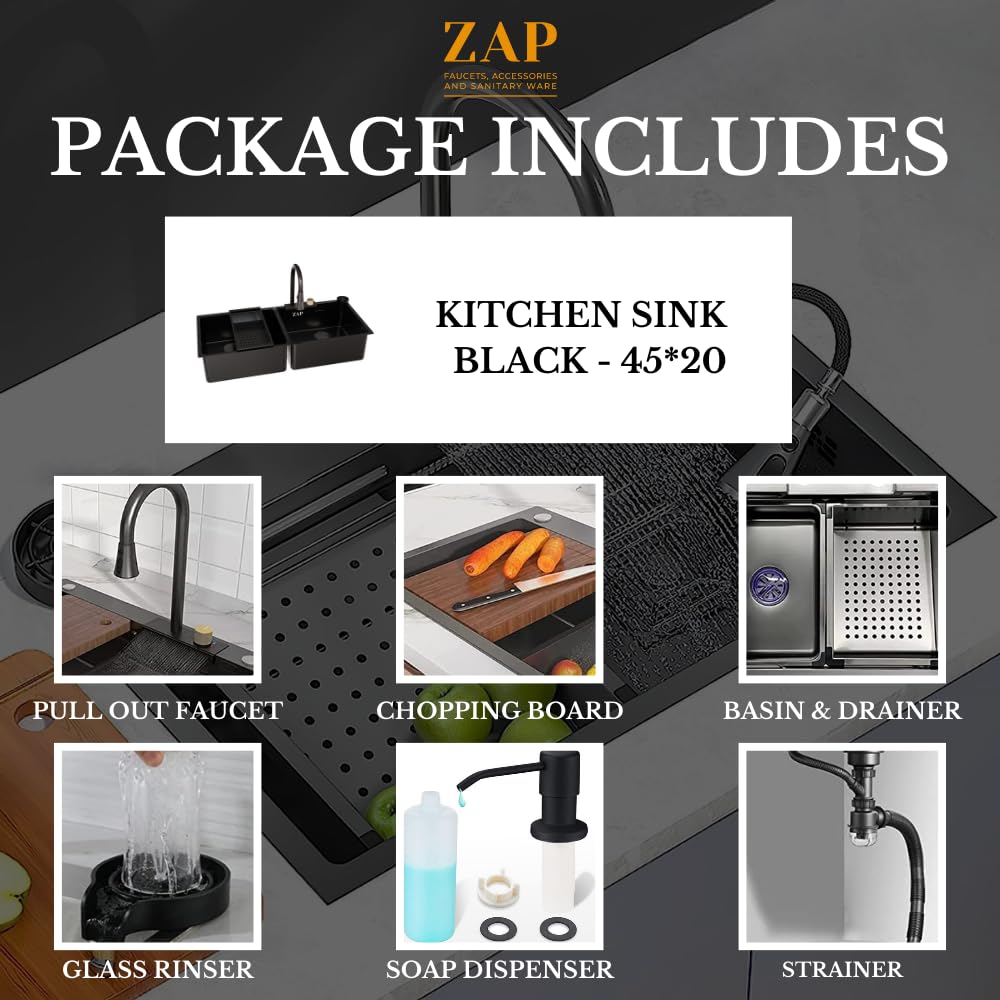 ZAP Waterfall 304 SS Kitchen Sink Set 45x20 Inch – Black Finish | Pull-Out Faucet, Chopping Board, Glass Rinser, Soap Dispenser & Strainer | Multi-Functional Farmhouse Sink with Accessories