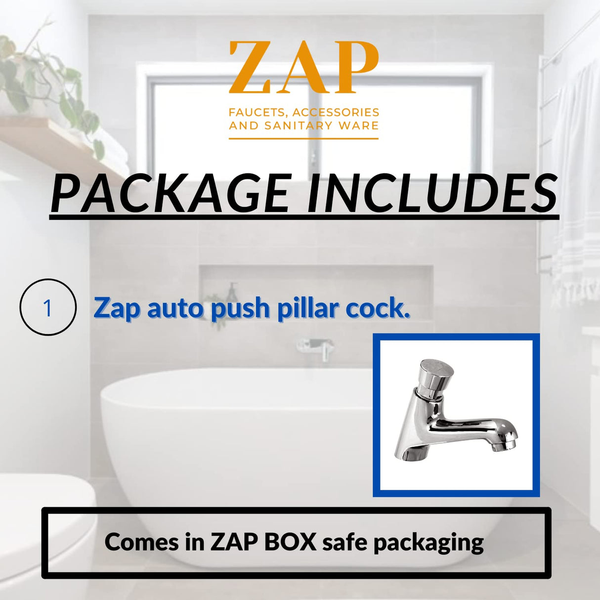 ZAP Auto Push Pillar Cock | Premium Brass Self-Closing Tap | Chrome Finish Rust-Free Faucet for Bathroom, Basin, Kitchen Sink | Ceramic Push Button Bib Cock | Hot or Cold Water