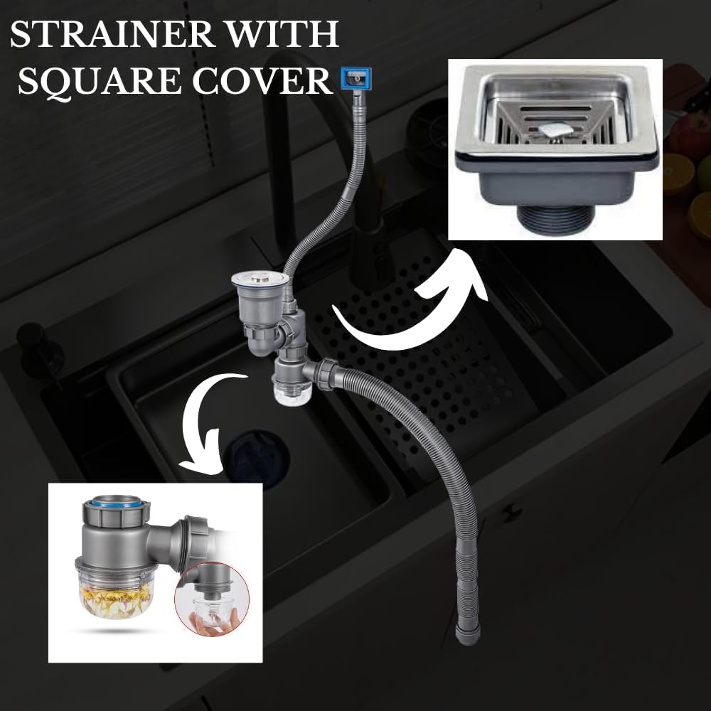 ZAP Waterfall 304 SS Kitchen Sink Set with Pull-Out Faucet, Chopping Board, Glass Rinser, Soap Dispenser & Strainer | Multi-Functional Farmhouse Sink with Accessories | Black, 24x18 Inch