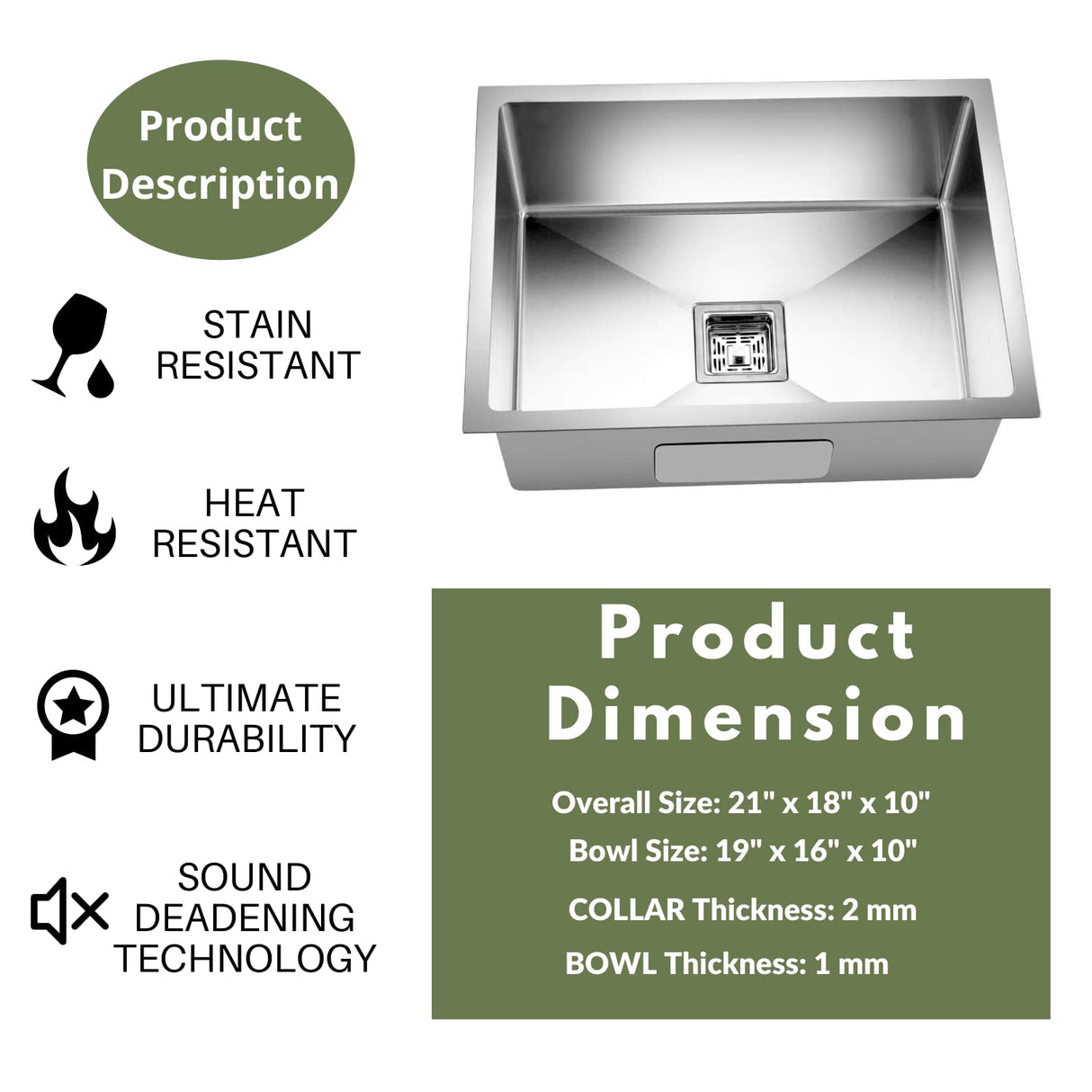 ZAP Kitchen Sink Single Bowl 21x18x10 Inch | Matte Finish SS-304 Stainless Steel | Includes Waste Coupling, Waste Pipe & Drainer Basket | Spacious, Durable & Stain Resistant Modern Sink