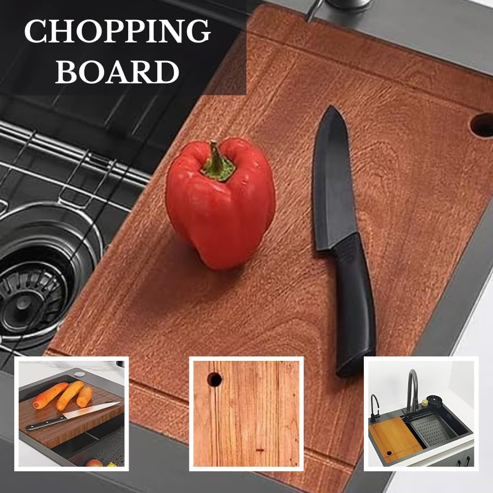 ZAP Waterfall 304 Grade Stainless Steel Kitchen Sink Set 24x18 Inch | Chrome Finish | Pull-Out Faucet, Chopping Board, Glass Rinser, Soap Dispenser & Strainer | Multi-Functional Farmhouse Sink for Modular Kitchens