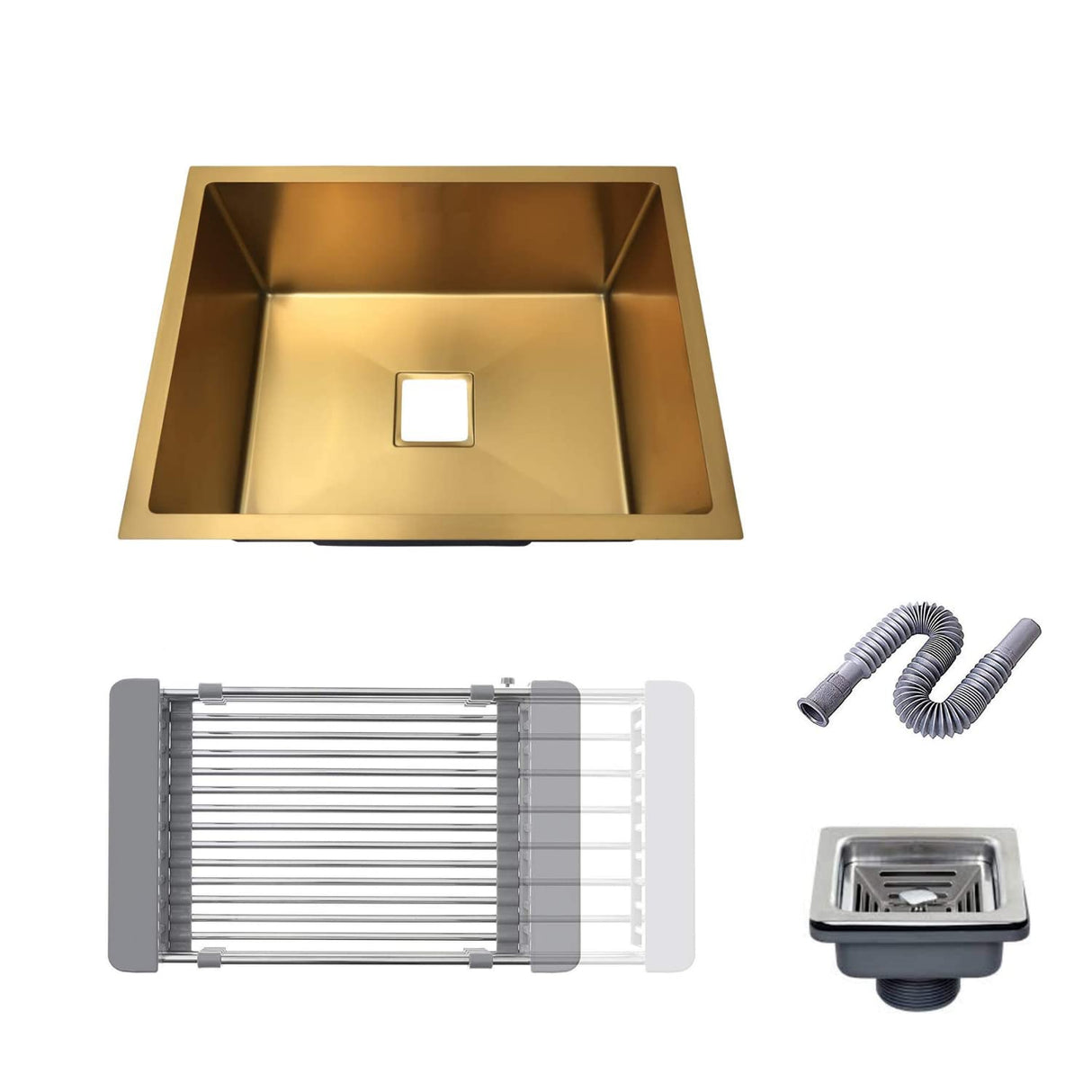 Zap Kitchen Sink Single Bowl 24x18 Inch | Gold Finish | 304 Stainless Steel | Dual Water Aerator, Sink Drainer Basket, Waste Coupling & Pipe | R Angle Corners | Smooth Drainage | Noise Reduction Pads