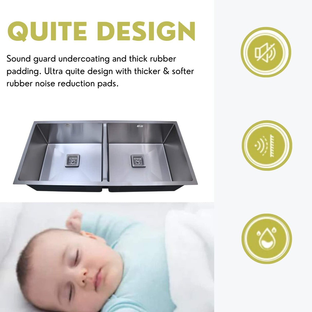 ZAP Quiet Design Double Bowl Kitchen Sink – 45x20 cm Chrome Finish with R-Angle Corners, Thick Soundproof Padding, Easy Filter Drainage System | Modern Stainless Steel Sink for Modular Kitchens
