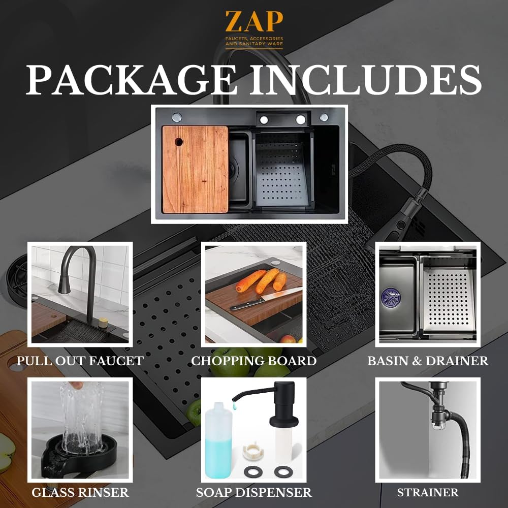 ZAP Waterfall 304 Grade Stainless Steel Kitchen Sink Set – 30x18 Inch Chrome Finish | Pull-Out Faucet, Chopping Board, Soap Dispenser, Glass Rinser & Strainer | Farmhouse Sink with Multi-Functional Accessories