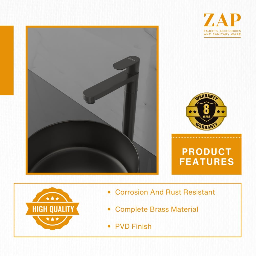 ZAP Ocean Series Brass Pillar Cock Tap 11-Inch Tall | Black PVD Coated Bathroom Faucet | Hot or Cold Water Tap for Wash Basin, Sink, Vanity | Stylish & Durable