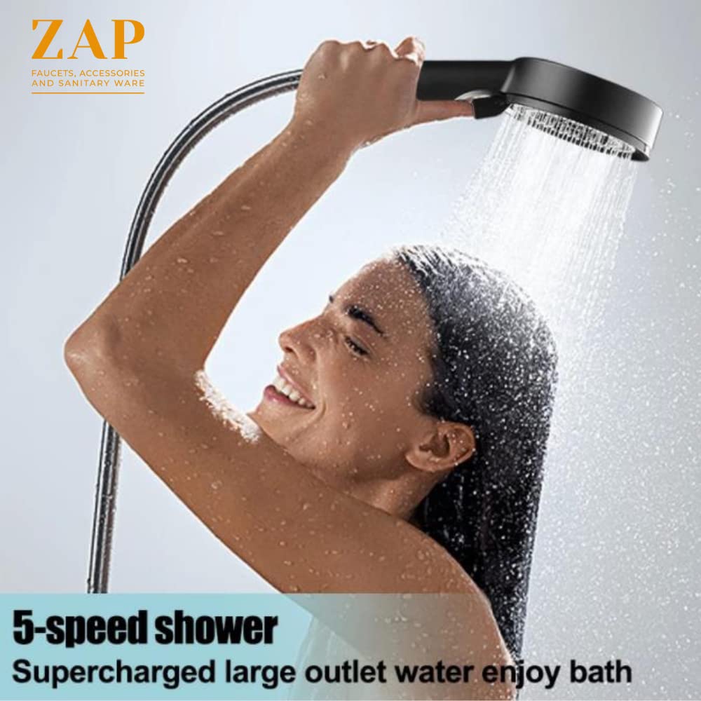 ZAP | 9-INCH HIGH PRESSURE HANDHELD SHOWER | 5 SPRAY MODES | MULTI-FUNCTIONAL WATER FLOW | WITH 1M SHOWER HOSE PIPE | SLEEK BLACK FINISH | BATHROOM HAND SHOWER