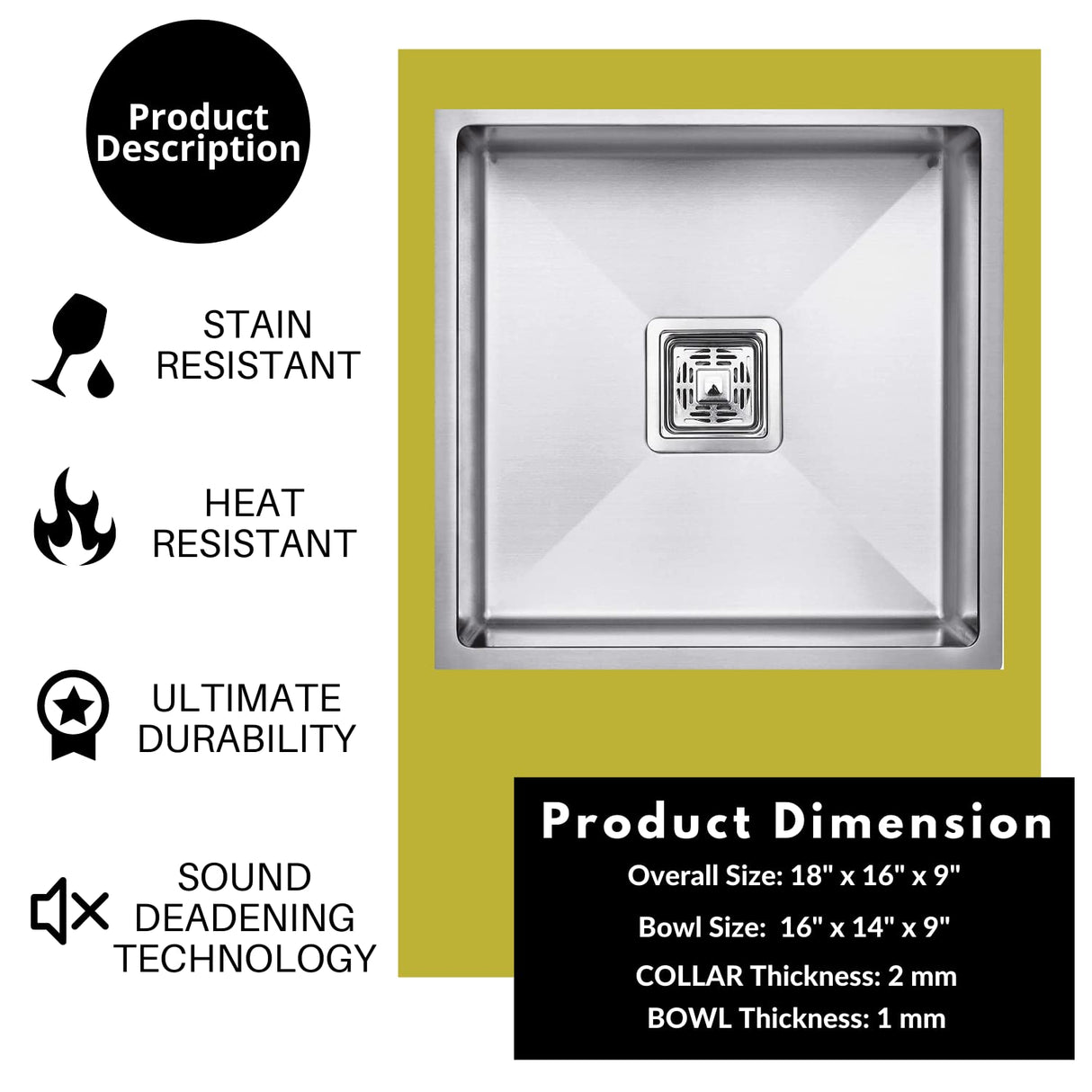 ZAP Kitchen Sink Spacious Single Bowl 18x16x10 Inch | Matte Finish Thick Stainless Steel | Includes Steel Waste Coupling, Waste Pipe & Sink Drainer Basket | Durable & Stain Resistant