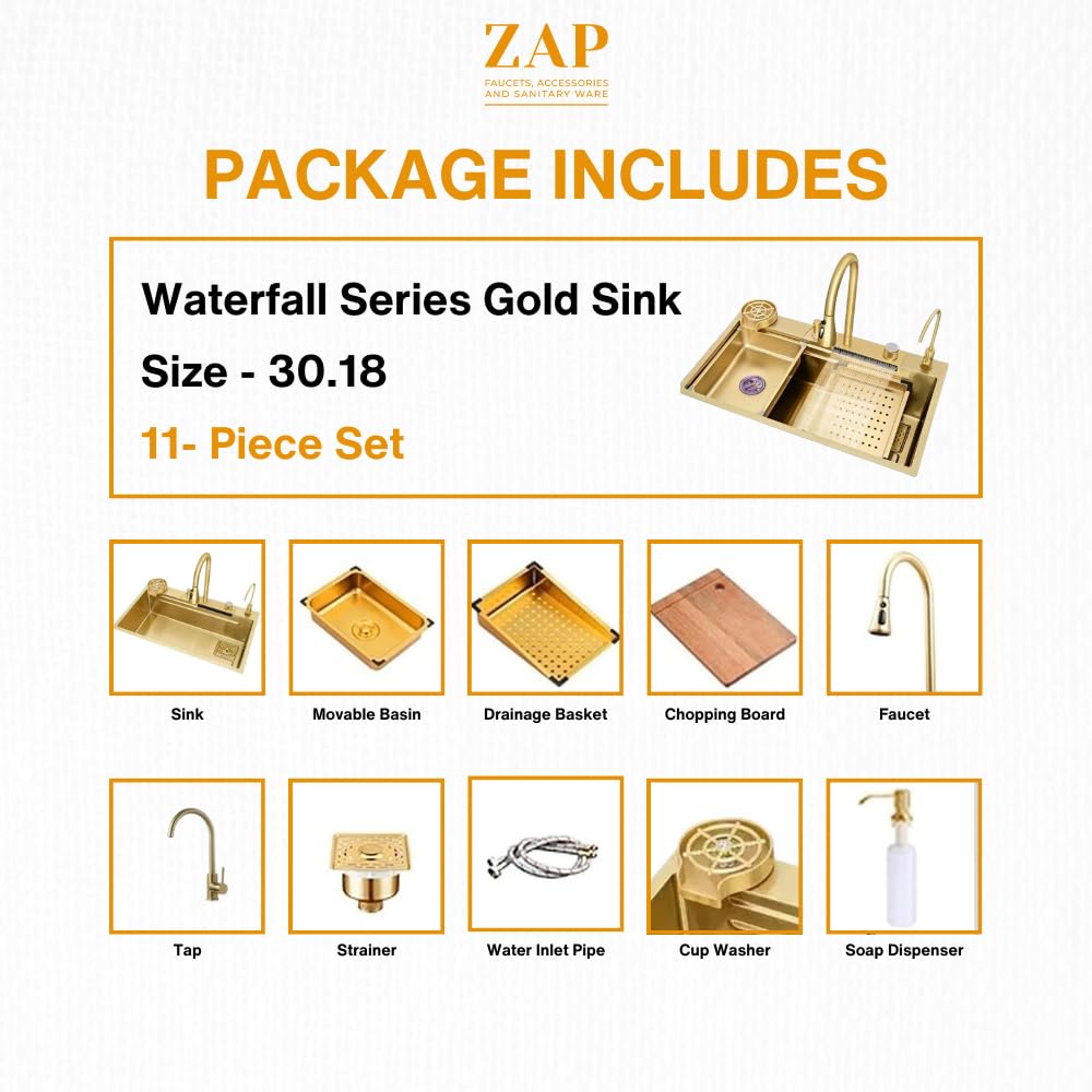 ZAP Elixir Waterfall Series Golden Kitchen Sink 30x18 Inch | Premium Stainless Steel | Durable & Stylish