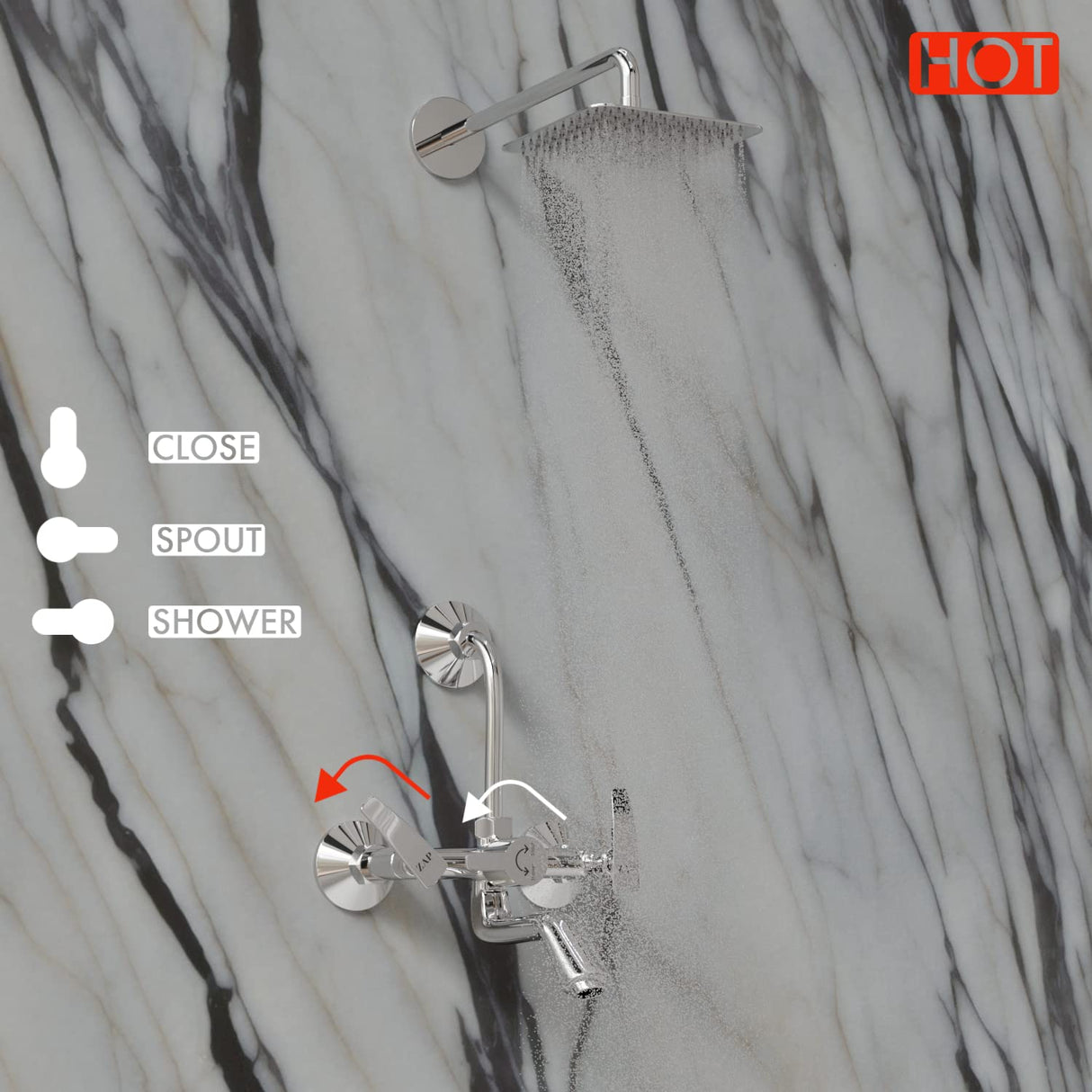 ZAP Hexa Series 2-in-1 Wall Mixer Tap | 100% Brass with Overhead Shower, 125mm Bend Pipe & Faucet Cleaner | Chrome Finish | Hot & Cold Water Control | Wall Mounted | Made in India