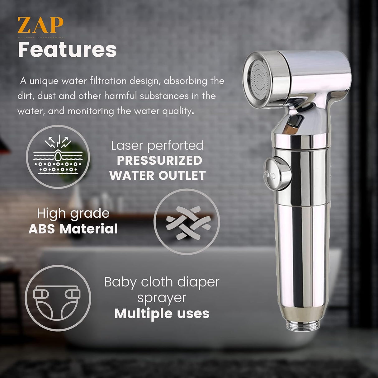 ZAP Ultra ZX1034 Health Faucet | Handheld Toilet Jet Spray | Chrome Finish | 1.5m Stainless Steel Hose | Wall Hook & Clutch Set | Bidet Spray Gun for Bathroom