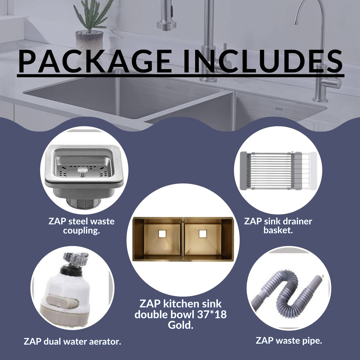 ZAP Gold Finish Stainless Steel Kitchen Sink | 37x18 cm Single Bowl Sink with Drainage Kit | Dual Water Aerator, Drainer Basket, Waste Pipe & Coupling | Large Size for Indian Kitchens