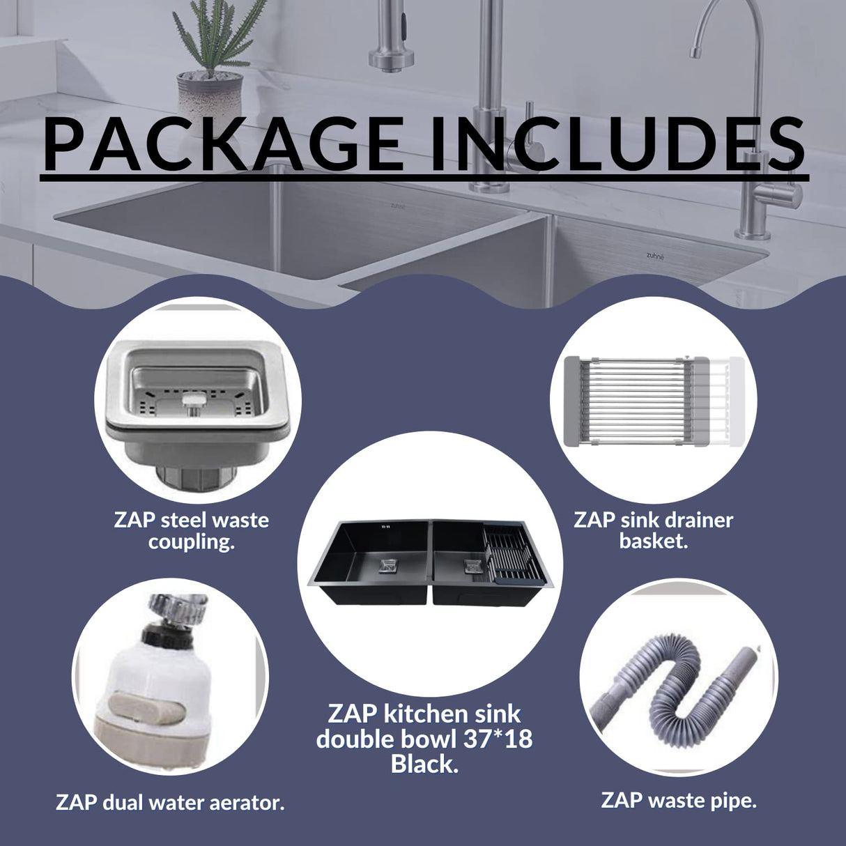 ZAP Black Stainless Steel Kitchen Sink | 37x18 cm Single Bowl Sink with Drainage Kit | Dual Water Aerator, Waste Pipe, Drainer Basket & Coupling | Noise Reduction Pads | Ideal for Modular Kitchens