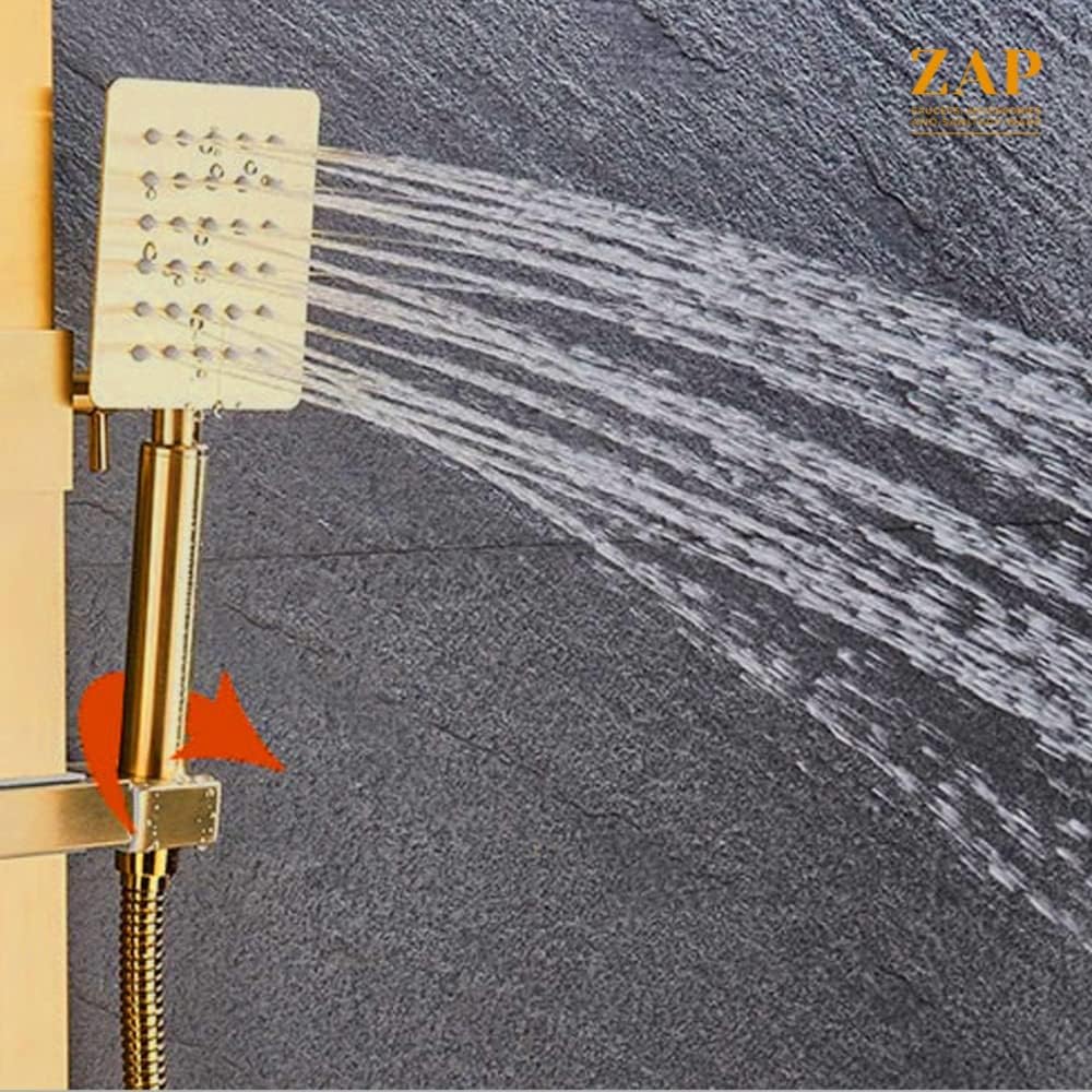 ZAP Ultra ZX2212 Square Design High Pressure Handheld Shower | Golden Stainless Steel | Chrome Finish | Rust-Resistant | Modern Square Hand Shower | Single Flow