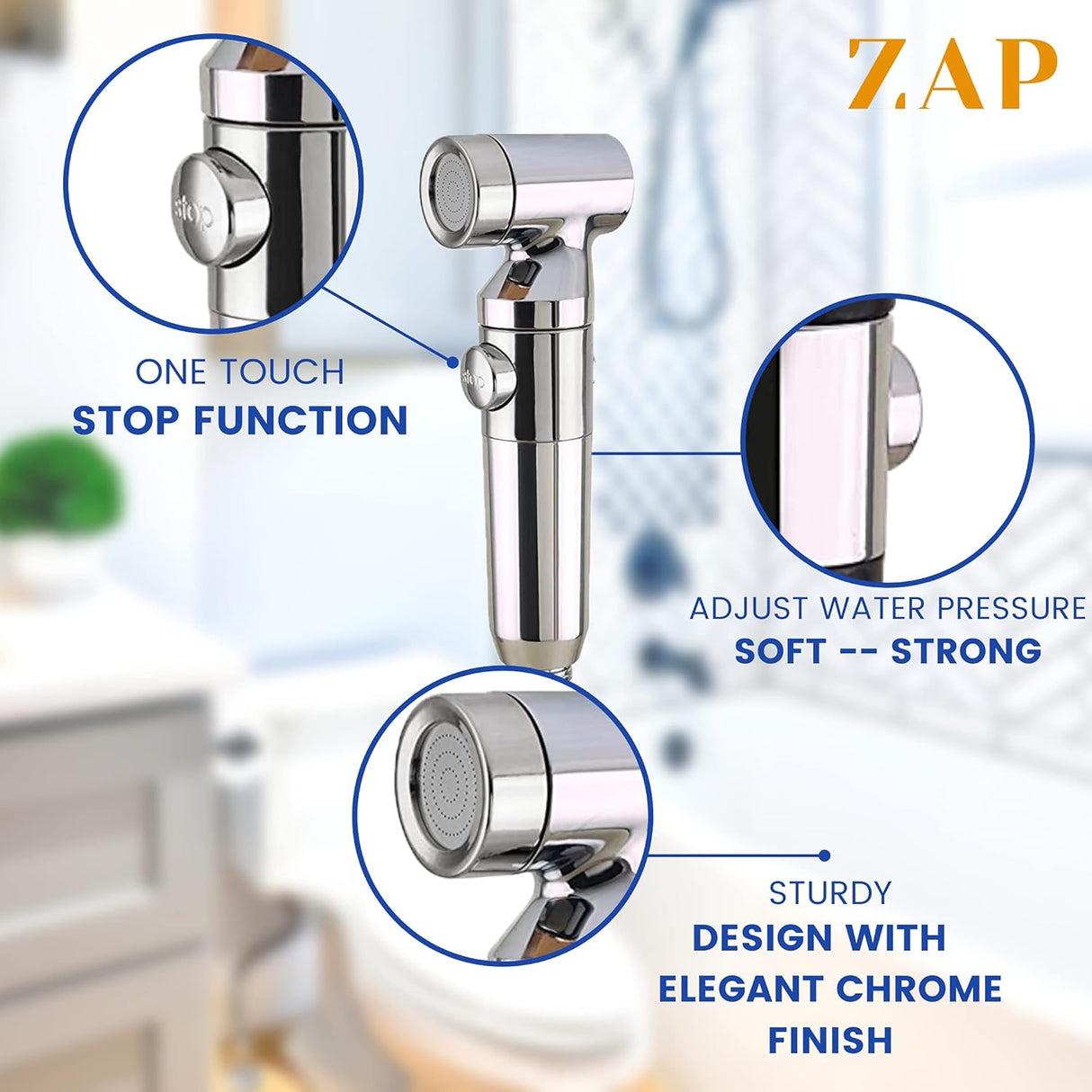 ZAP Ultra ZX1034 Health Faucet | Handheld Toilet Jet Spray | Chrome Finish | 1.5m Stainless Steel Hose | Wall Hook & Clutch Set | Bidet Spray Gun for Bathroom