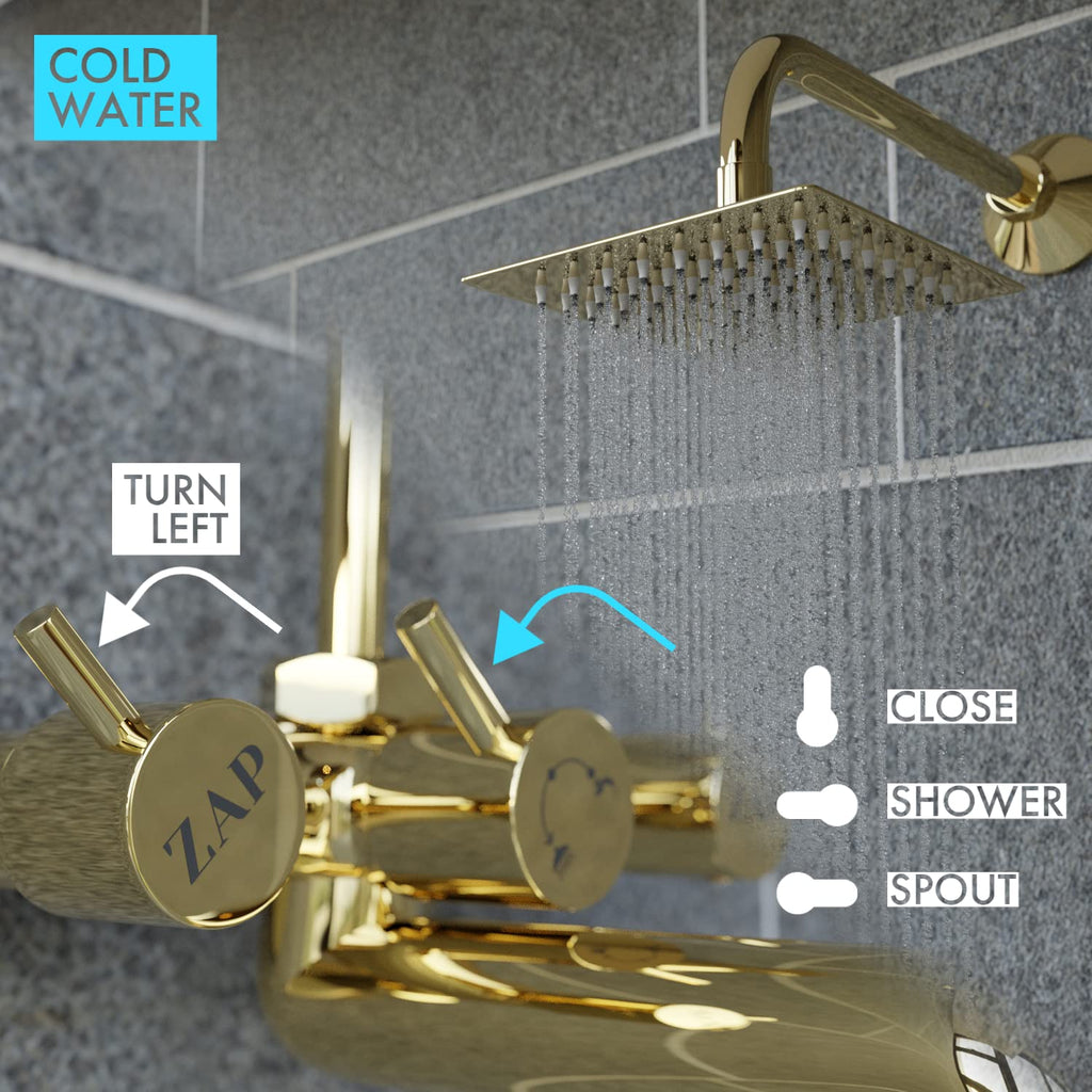 ZAP Elixir Gold Series High Grade 100% Brass 2 in 1 Wall Mixer With Overhead Shower Set and 125 mm Long Bend Pipe- Hot/Cold Knobs With Chrome Finish and Faucet Cleaner