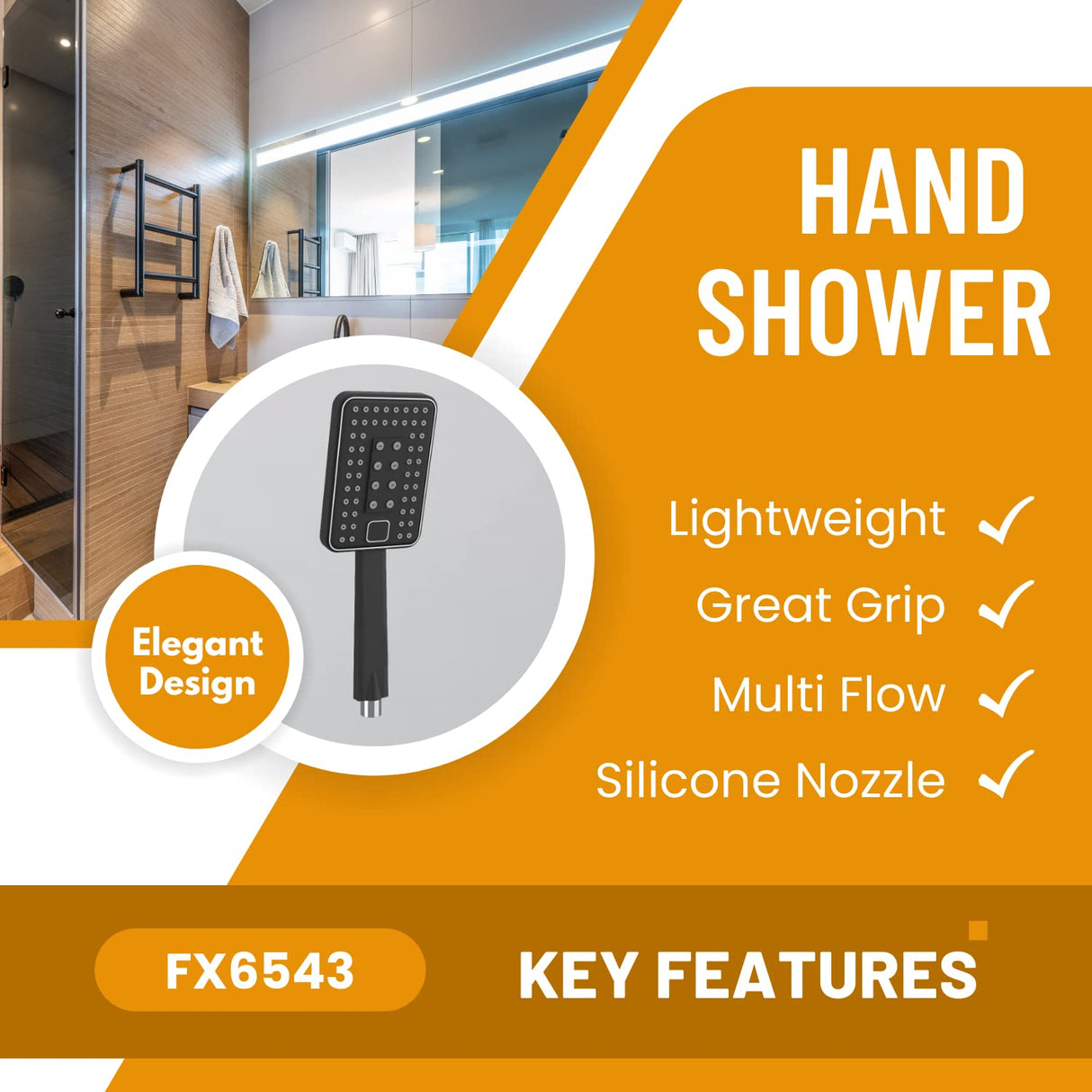 ZAP FX6543 | Hand Shower | Flexible Silicone Nozzles | Stainless Steel Finish | Lightweight | Great Grip | Precise Water Flow | Multi-Flow Spray | High Pressure