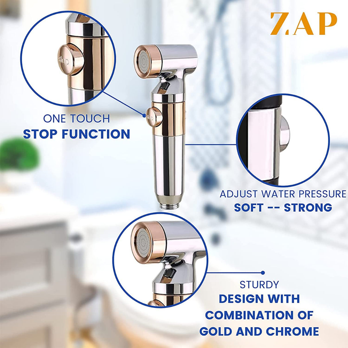 ZAP Ultra ZX1034 Health Faucet Handheld Toilet Jet Spray | ABS Bidet with Chrome Finish | 1.5m SS Hose, Angle Valve & Wall Hook | Multipurpose Spray Gun for Bathroom & Toilet