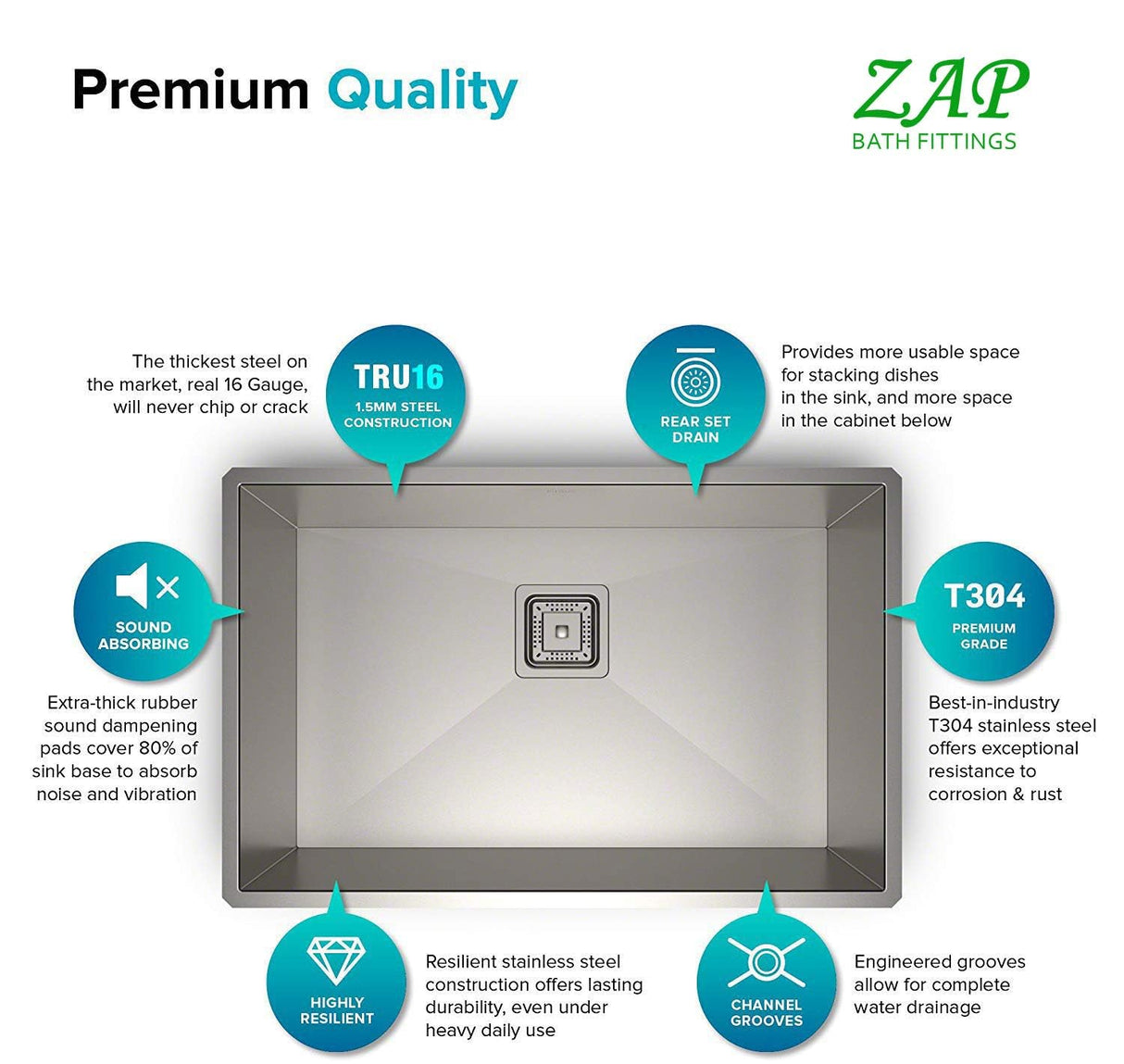 ZAP Hexa Series 304 Grade Stainless Steel Kitchen Sink | Single Bowl | Satin/Matte Finish | Square Coupling | Rust-Proof & Durable | Premium Quality (24 x 18 x 10 Inch)