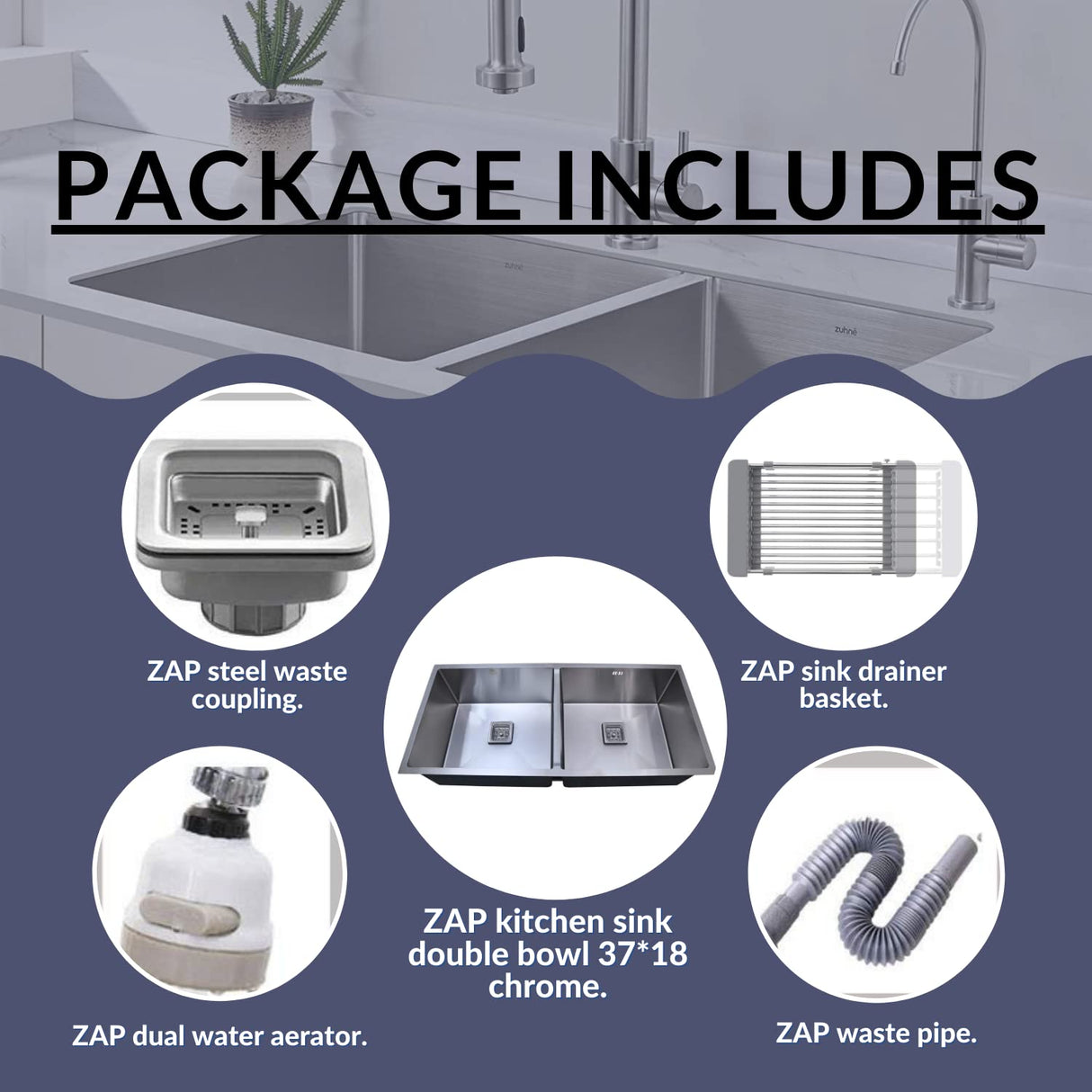 ZAP Double Bowl Stainless Steel Kitchen Sink – 37x18 cm Chrome Finish | Dual Water Aerator, Drainer Basket, Waste Pipe & Coupling | Noise Reduction Pads | Easy Drainage | Large Size for Modular Kitchens