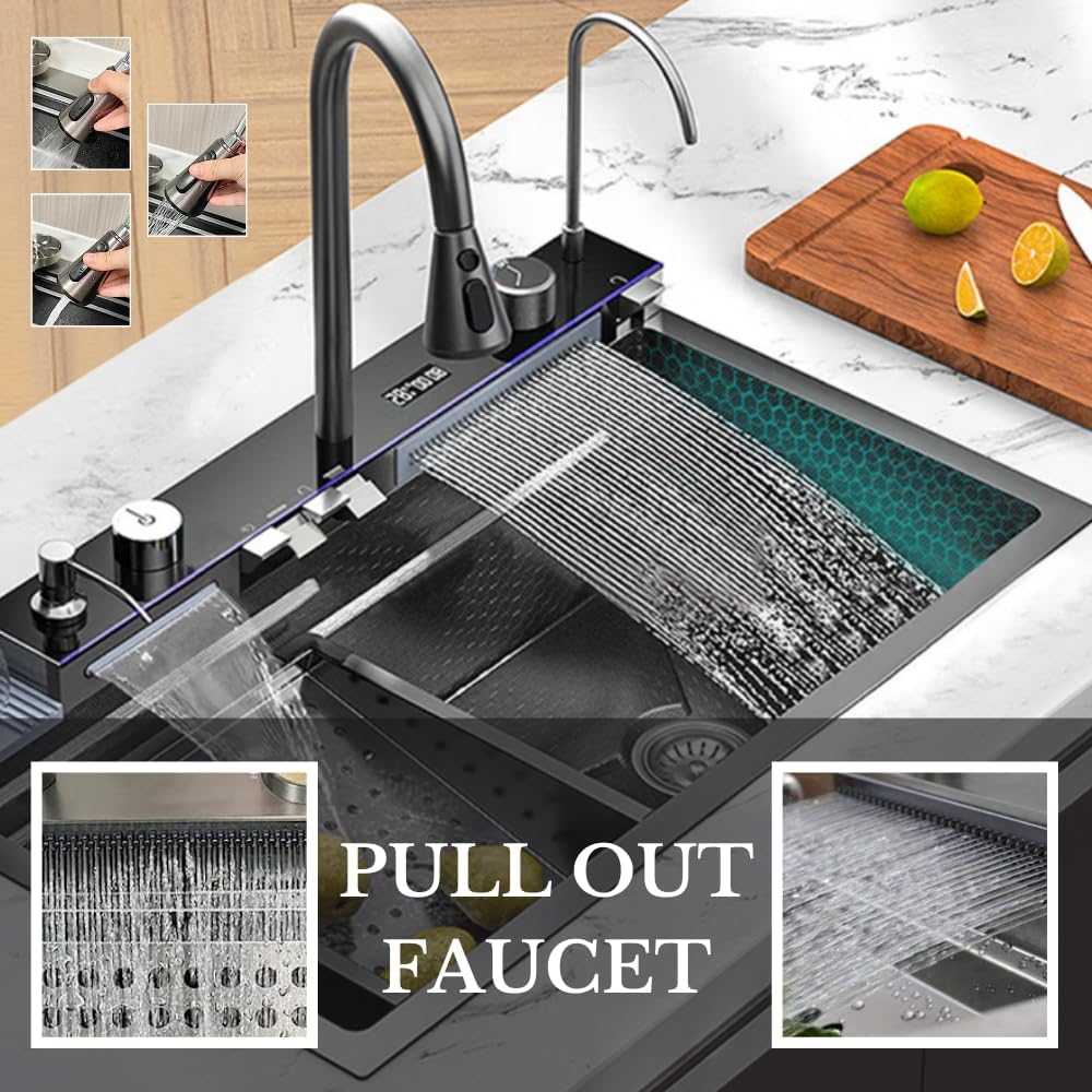 ZAP Millennium Series Piano Kitchen Sink 30x18 Inches Black | Digital Integrated Multifunction Waterfall Sink with LED Lights & Digital Display Screen