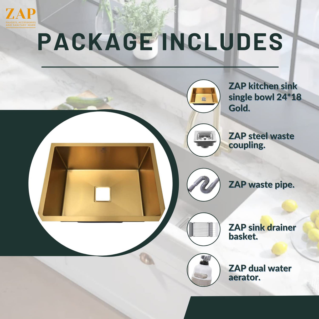 Zap Kitchen Sink Single Bowl 24x18 Inch | Gold Finish | 304 Stainless Steel | Dual Water Aerator, Sink Drainer Basket, Waste Coupling & Pipe | R Angle Corners | Smooth Drainage | Noise Reduction Pads