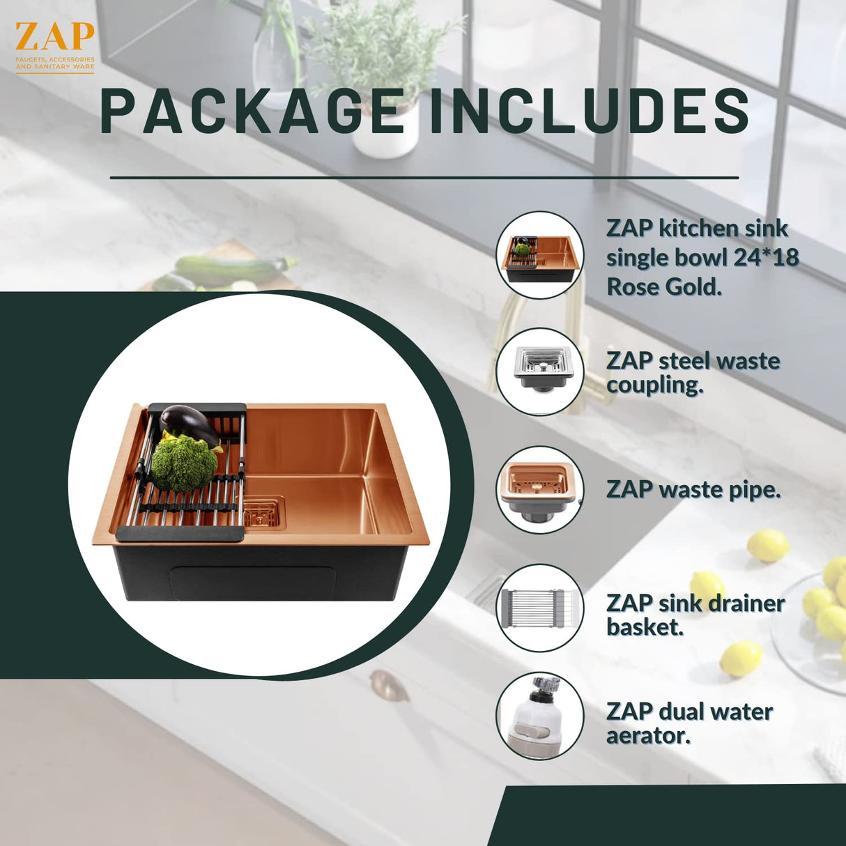 Zap Kitchen Sink Single Bowl 24x18 Inch | Rose Gold Finish | 304 Stainless Steel | Dual Water Aerator, Drainer Basket, Waste Pipe & Coupling | R Angle Corners | Smooth Drainage | Noise Reduction Pads