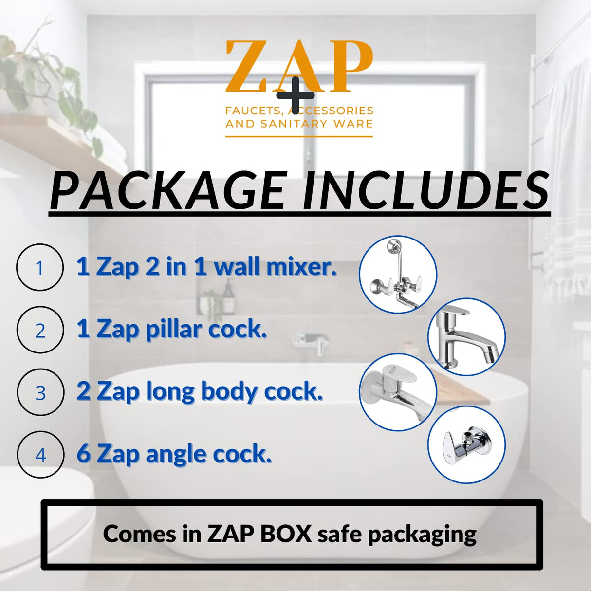 ZAP Brezza Series Bathroom Fittings Combo | 100% Brass | Includes 2-in-1 Wall Mixer, Pillar Cock, 2 Long Body Taps, 6 Angle Cocks (Washing Machine Compatible) | Chrome Finish | Made in India