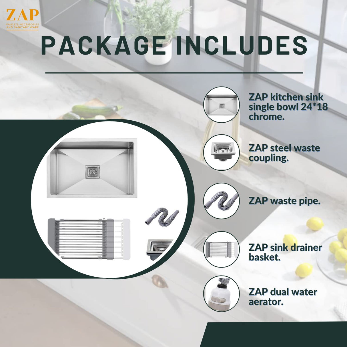 Zap Kitchen Sink Single Bowl 24x18 Inch | Chrome Finish | 304 Stainless Steel | Dual Water Aerator, Drainer Basket, Waste Coupling & Pipe | R Angle Corners | Smooth Drainage | Noise Reduction Pads