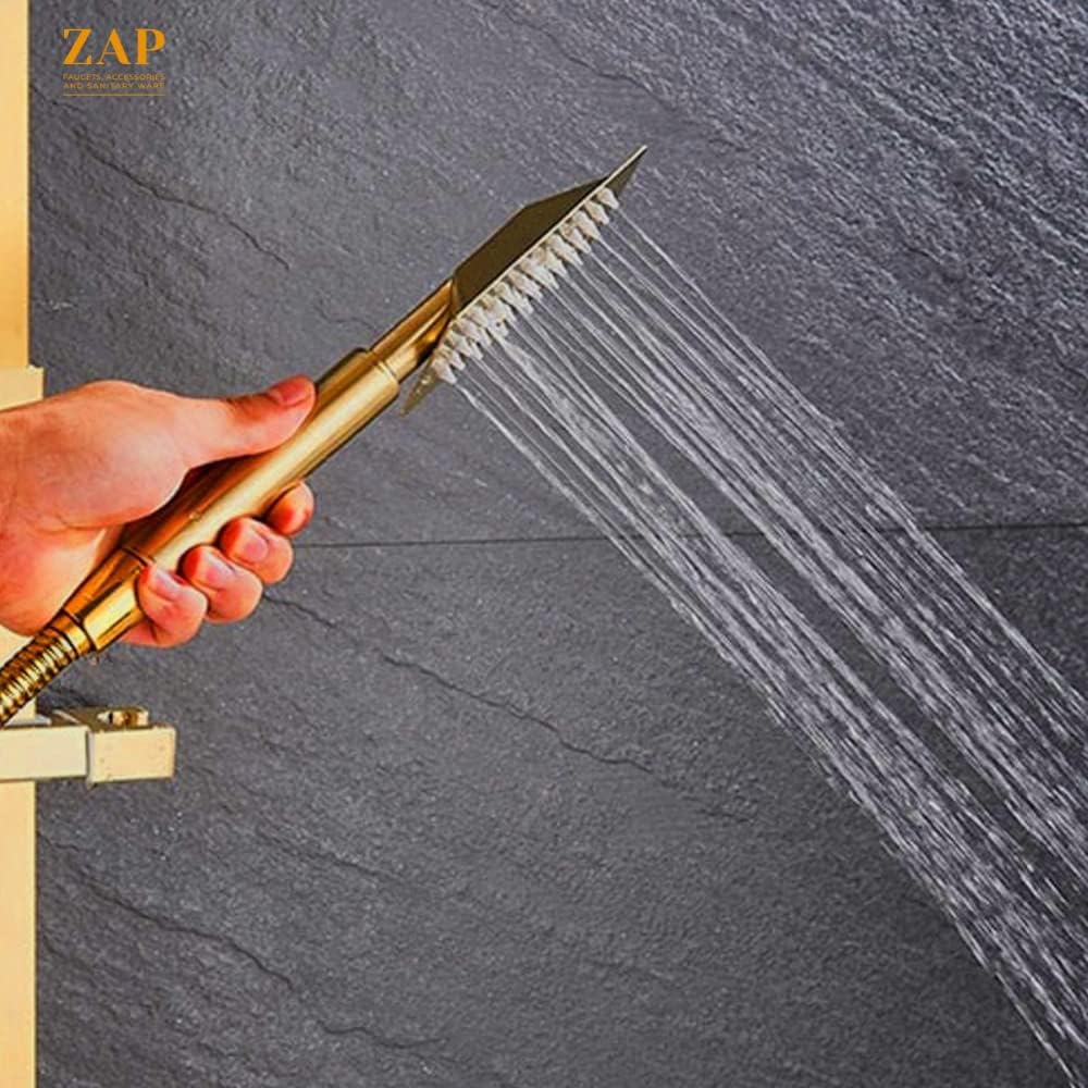 ZAP Ultra ZX2212 Square Design High Pressure Handheld Shower | Golden Stainless Steel | Chrome Finish | Rust-Resistant | Modern Square Hand Shower | Single Flow