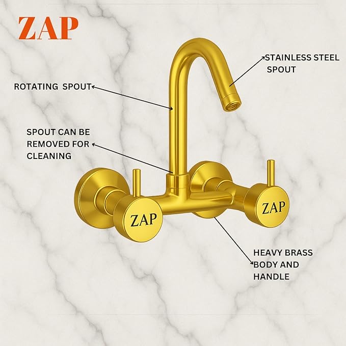 Elixir Sink Mixer Hot & Cold Gold PVD Finish Wall Mount Tap