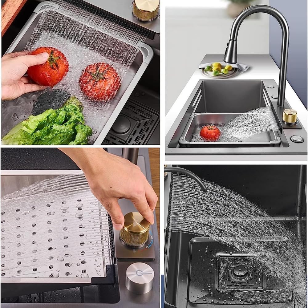 ZAP Waterfall 304 SS Kitchen Sink Set 45x20 Inch – Black Finish | Pull-Out Faucet, Chopping Board, Glass Rinser, Soap Dispenser & Strainer | Multi-Functional Farmhouse Sink with Accessories