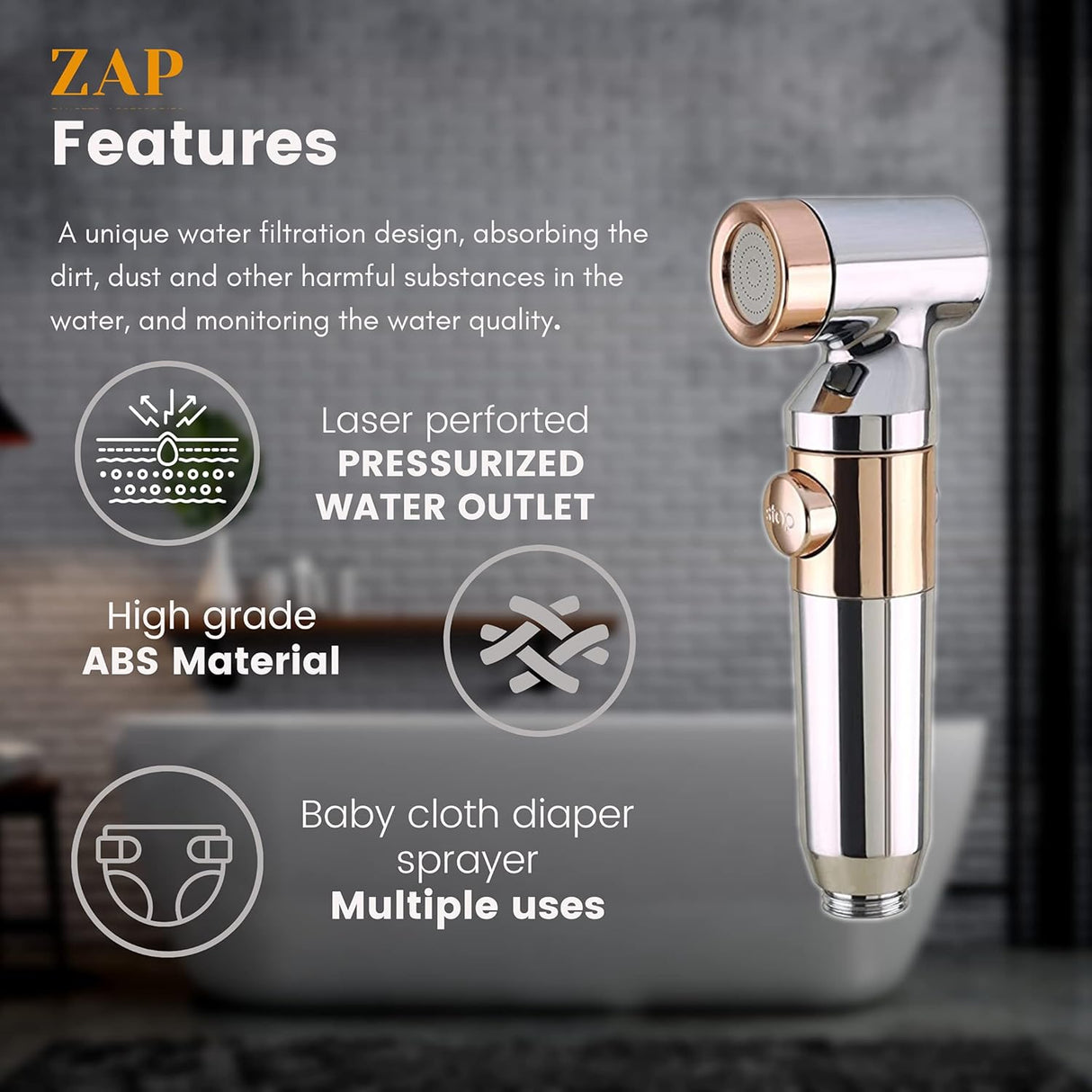 ZAP Ultra ZX1034 Health Faucet Handheld Toilet Jet Spray with 1.5 m Stainless Steel Tube and Wall Hook-Chrome Finish Bidet with Hose and Holder/Clutch Set (Chrome Gold)