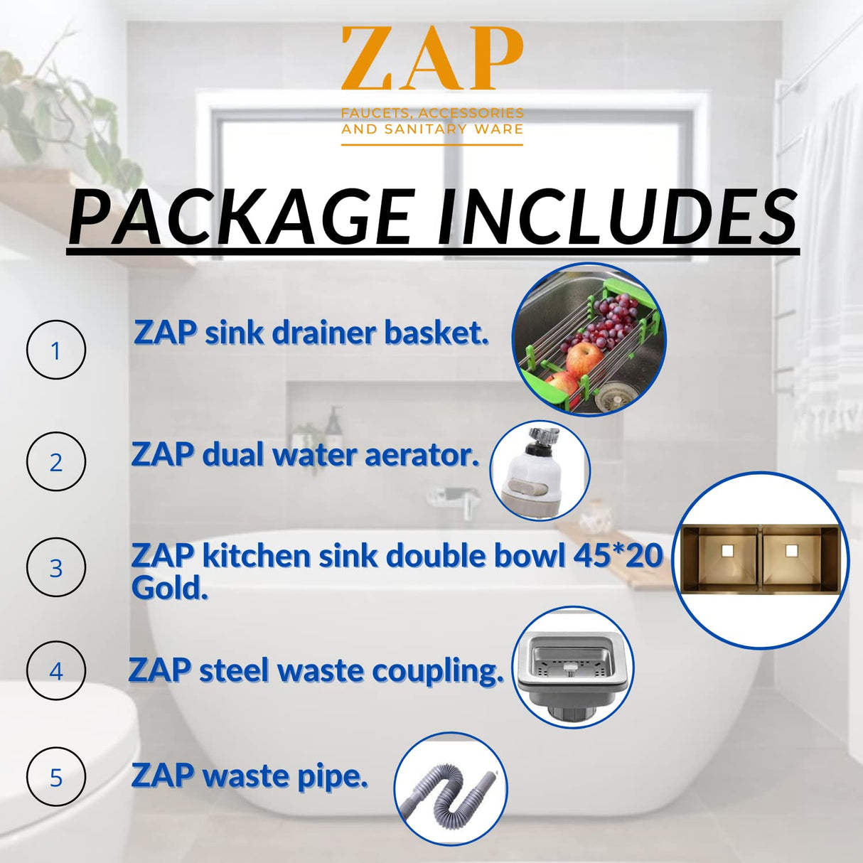 ZAP Double Bowl Stainless Steel Kitchen Sink – 45x20 cm Gold Finish | Dual Water Aerator, Fruit Basket, Drainer Basket, Waste Coupling & Pipe | Zero Radius Corners | Smooth Drainage for Modern Kitchens