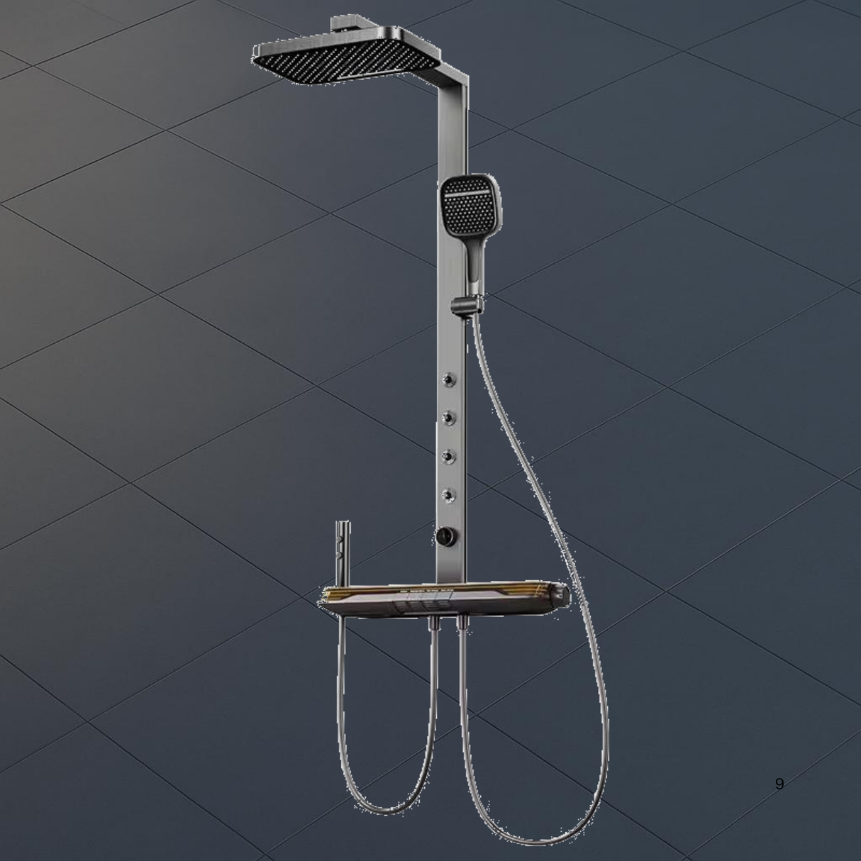 ZAP Zap X9 Shower Panel System | LED Temperature Display | Top Shower, Hand Shower, Body Jets & Bucket Filler | Multi-Function Wall-Mount Shower Unit | Gunmetal PVD Finish