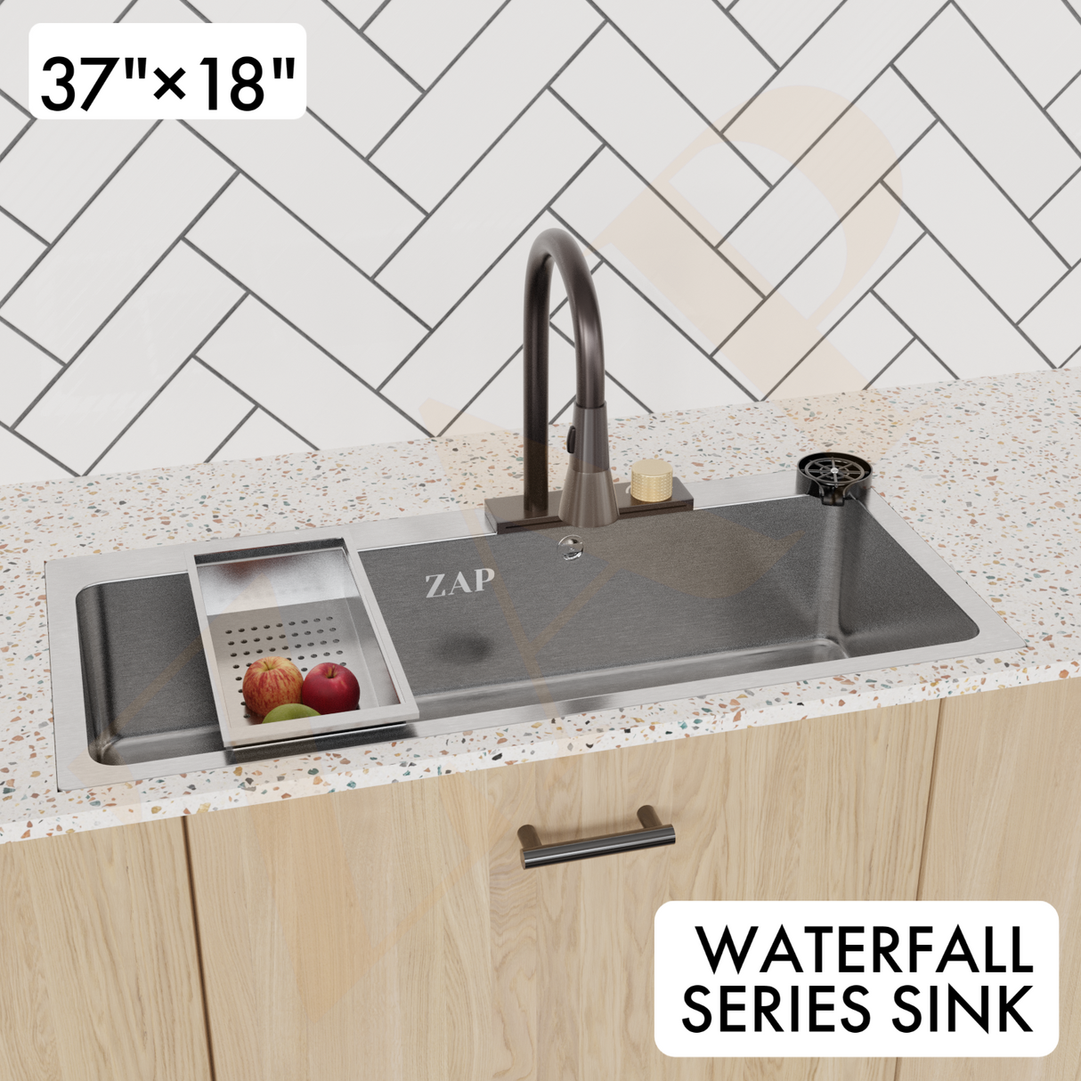 ZAP Waterfall 304 SS Kitchen Sink Set 37x18 Inch – Chrome Finish with Pull-Out Faucet, Chopping Board, Glass Rinser, Soap Dispenser & Strainer | Multi-Functional Farmhouse Sink for Modular Kitchens