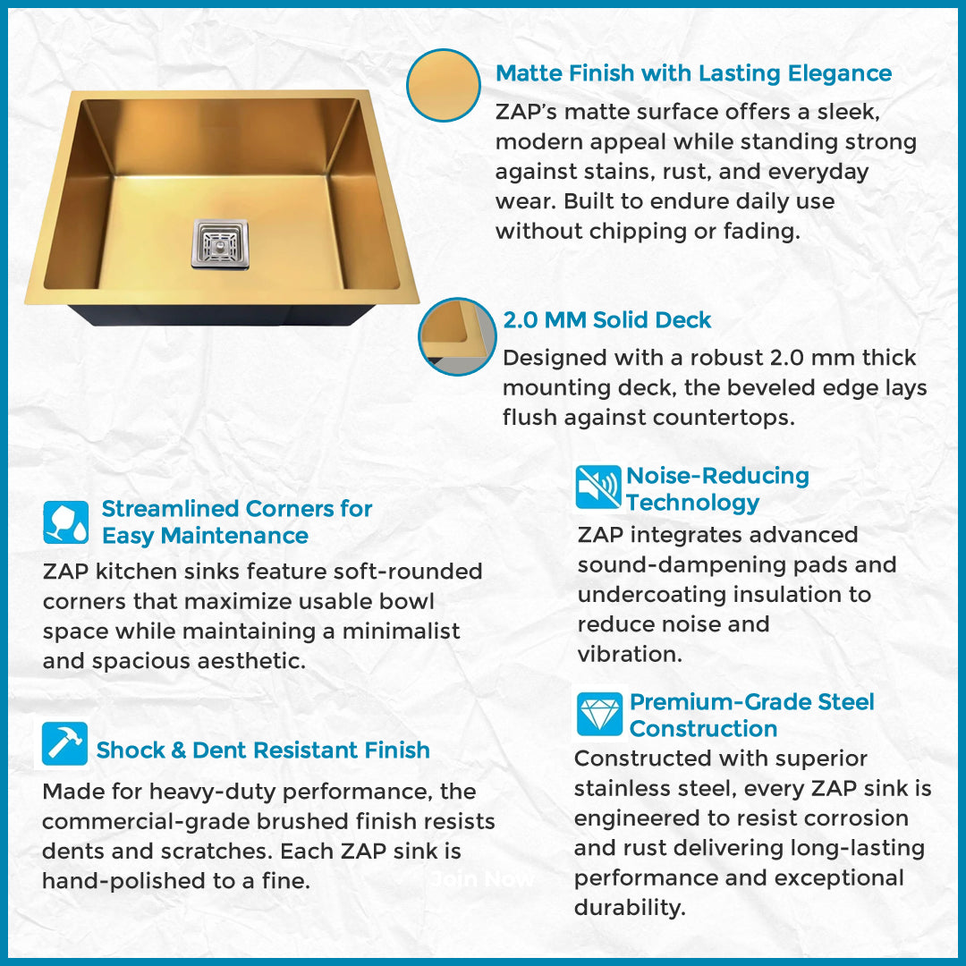 ZAP Handmade Kitchen Sink Single Bowl 24x18x10 Inch | Gold Matte Finish SS-304 Stainless Steel | Includes Waste Coupling, Waste Pipe & Drainer Basket | Spacious, Stain Resistant, Luxury Design