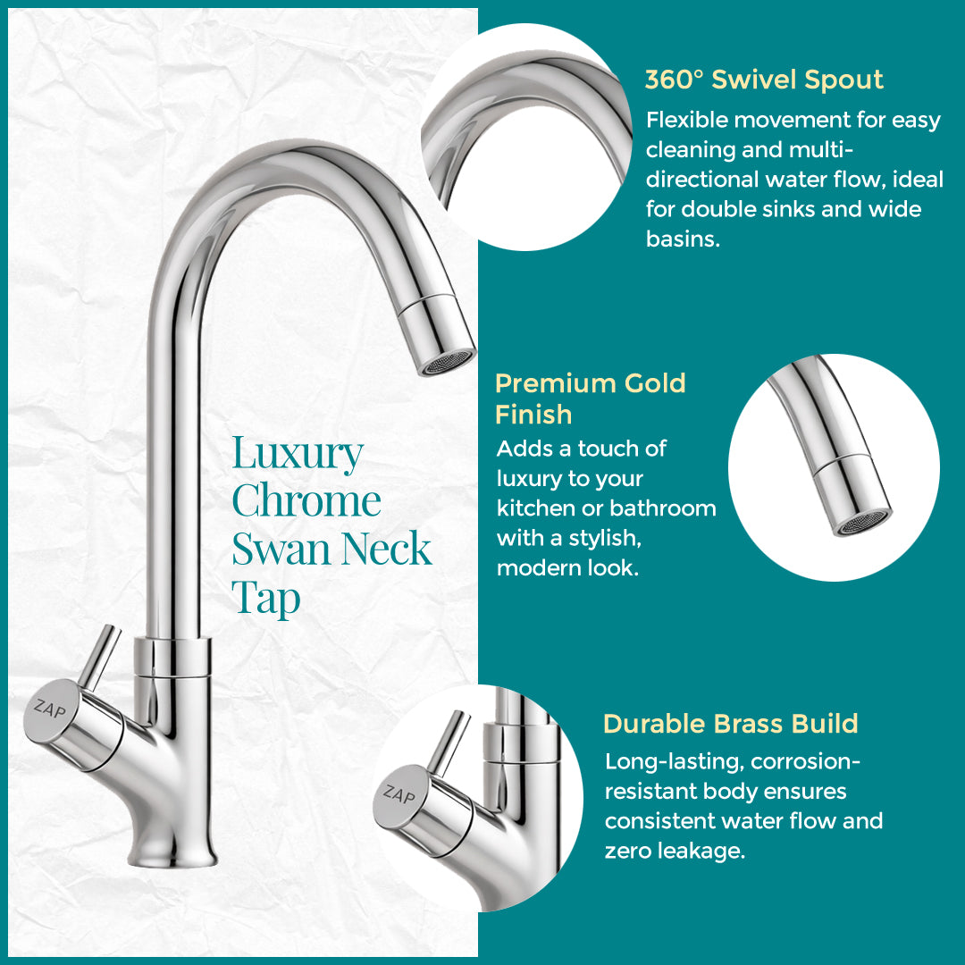 Pluto Swan Neck Sink Faucet • Chrome Brass