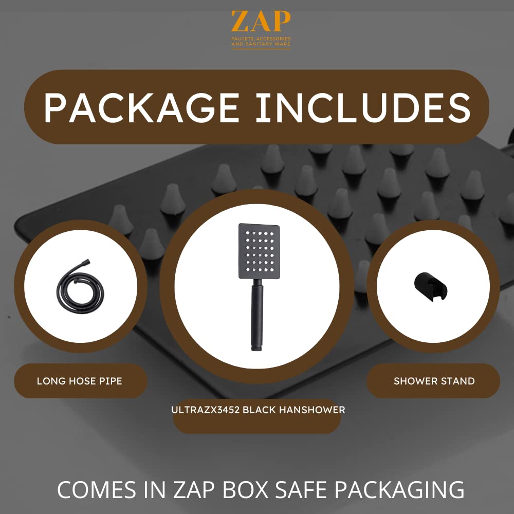 ZAP Ultra ZX 3452 Stainless Steel Handheld Shower | Square High Pressure Hand Shower with Chrome Finish | Rust-Resistant, Easy to Install (BLACK)