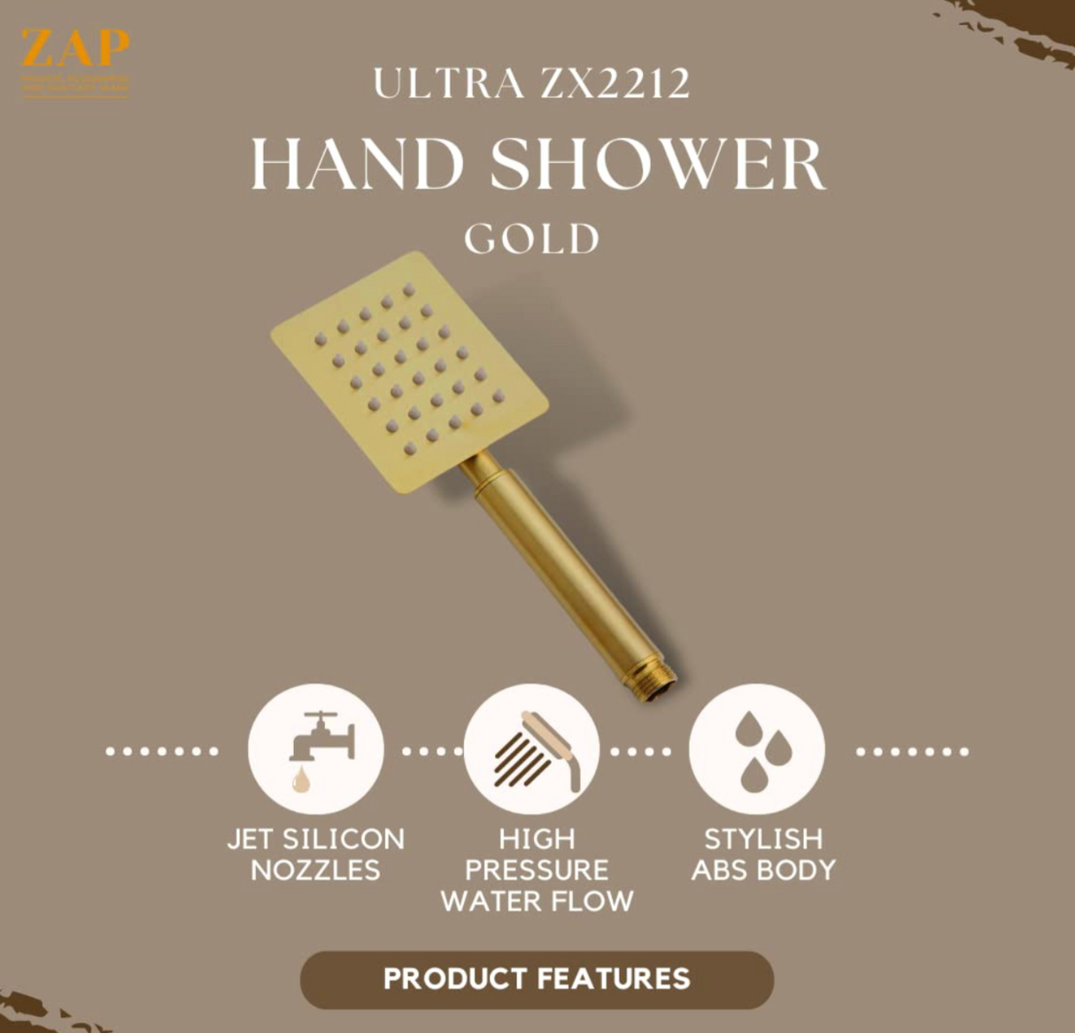 ltra ZX 2212 Gold Stainless Steel Handheld Shower | Square Design with Chrome Finish and High Pressure (With Hose Pipe Set)