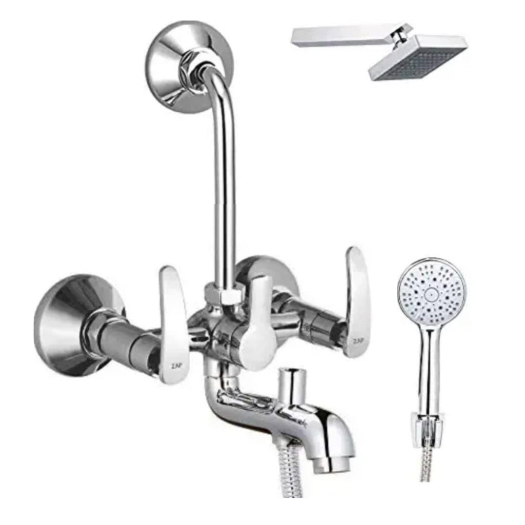 Arrow Series 100% High Grade Brass 3 in 1 Wall Mixer with Head Shower & Multi Flow Hand Shower with 1.5 Meter Flexible Tube (Chrome)