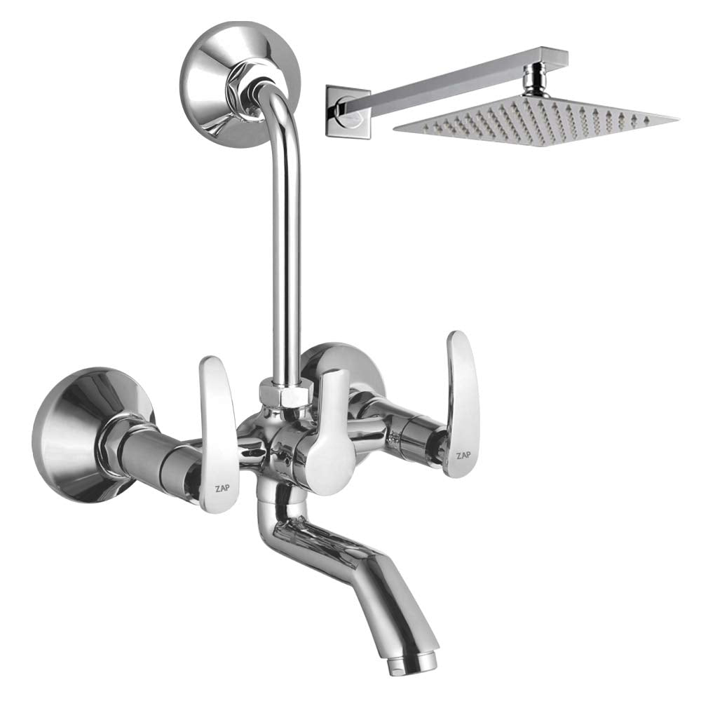 Arrow Series High Grade 100% Brass Wall Mixer with Overhead Shower System Set and 125mm Long Bend Pipe for Bathroom (Chrome Finish)