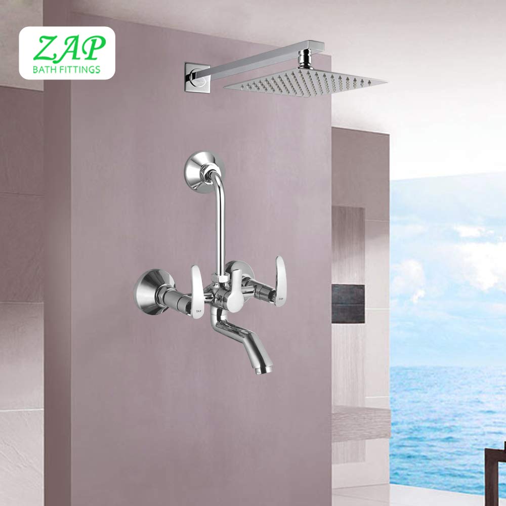 Arrow Series High Grade 100% Brass Wall Mixer with Overhead Shower System Set and 125mm Long Bend Pipe for Bathroom (Chrome Finish)