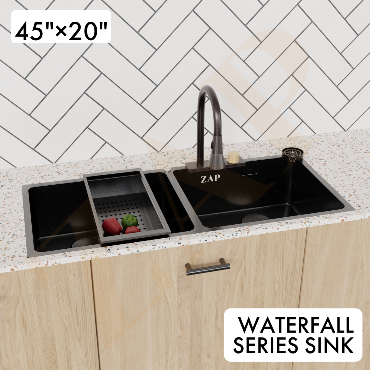ZAP Waterfall 304 SS Kitchen Sink Set 45x20 Inch – Black Finish | Pull-Out Faucet, Chopping Board, Glass Rinser, Soap Dispenser & Strainer | Multi-Functional Farmhouse Sink with Accessories