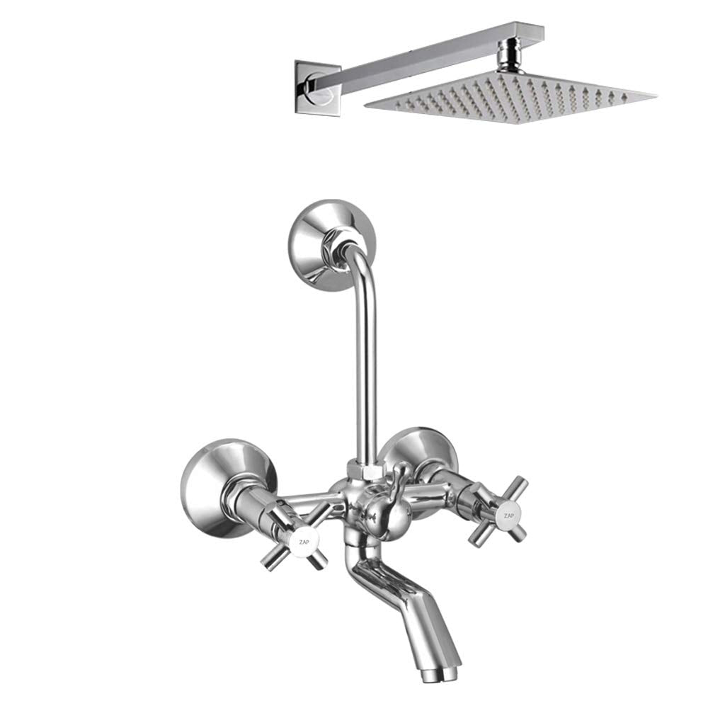 Caster Series 100% Full Brass Wall Mixer with Overhead Shower System Set and 125mm Long Bend Pipe for Bathroom (Chrome Finish)