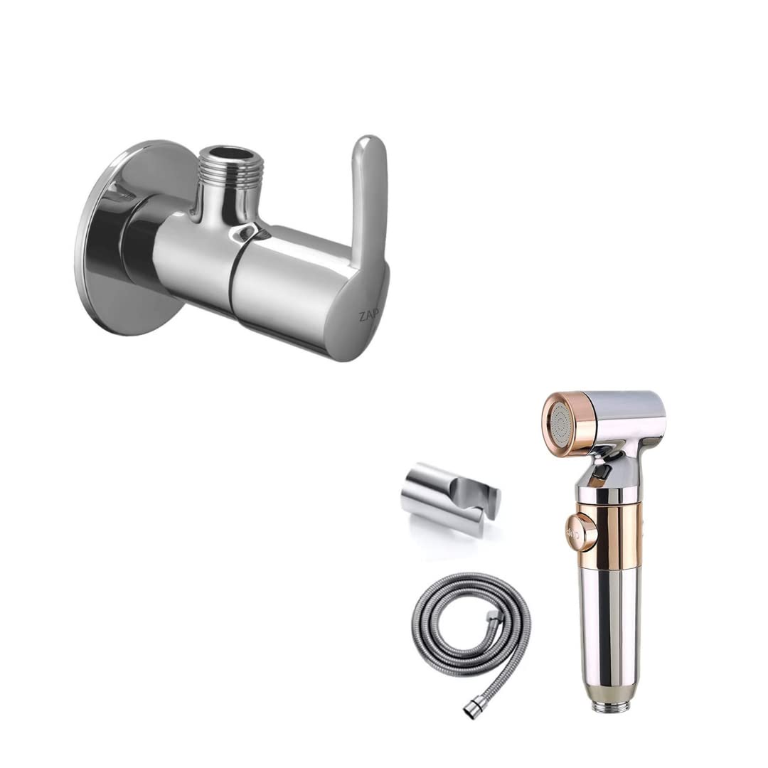 Ultra ZX1034 Health Faucet Handheld Toilet Jet Spray with 1.5 m Stainless Steel Tube, Wall Hook-Chrome & Angle Valve Finish Bidet with Hose and Holder/Clutch Set (Chrome Gold)